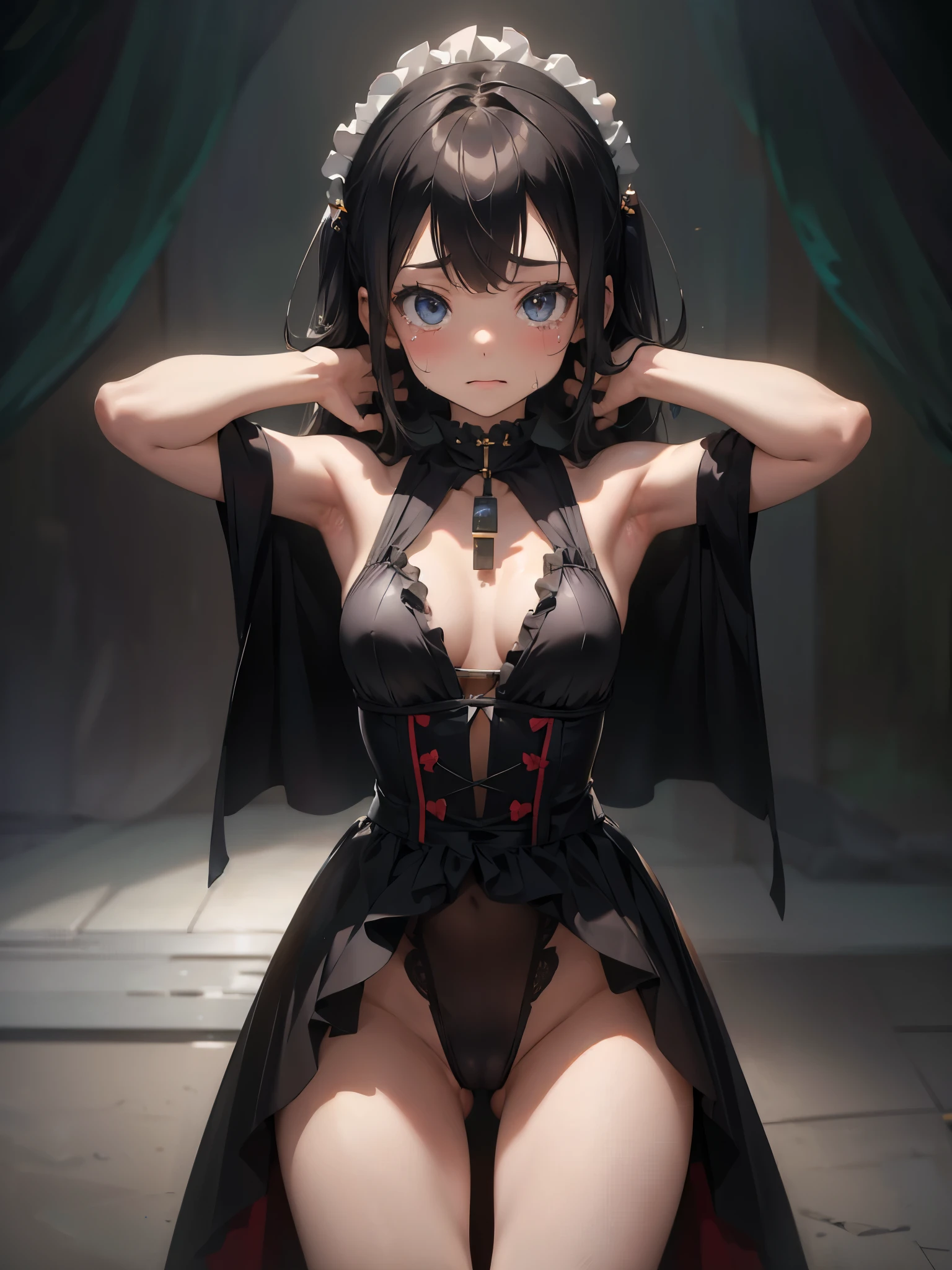 nsfw, A beautifully detailed anime illustration of a girl in a cute idol outfit. She is wearing a sleeveless design, exposing her bare arms. She has her arms raised, showing her armpits. Her facial expression is one of embarrassment and shame, with tears streaming down her face. Her eyes should be large and expressive, capturing the depth of her emotions. The body proportions should be perfectly balanced, ensuring that she looks natural and realistic. Pay careful attention to the details of her outfit, including frills, ribbons, and vibrant colors, to enhance the overall quality of the image. Make sure her body does not appear deformed or unnatural.