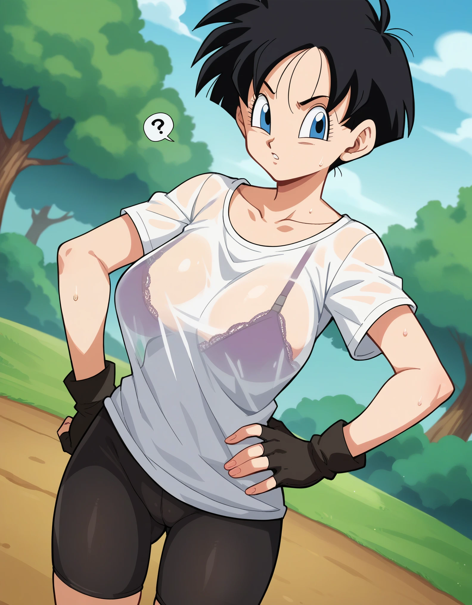 score_10, score_9, score_8_up, score_7_up, score_6_up, score_5_up, score_4_up, BREAK, source_anime, anime screencap, anime coloring, videl, black hair, blue eyes, eyelashes, parted bangs, short cut, (see-through) bike shorts, black gloves, see-through black legwear, collarbone, fingerless gloves, gloves, shirt, short sleeves, white shirt, T-shirt is transparent with sweat and her sexy black lace fabric bra is showing through, medium sagging breasts, skinny, (short stack:0.5) outside, looking at viewer, cowboy shot, dutch angle, standing, hand on hip, raised eyebrows, perplexed, :o, question mark