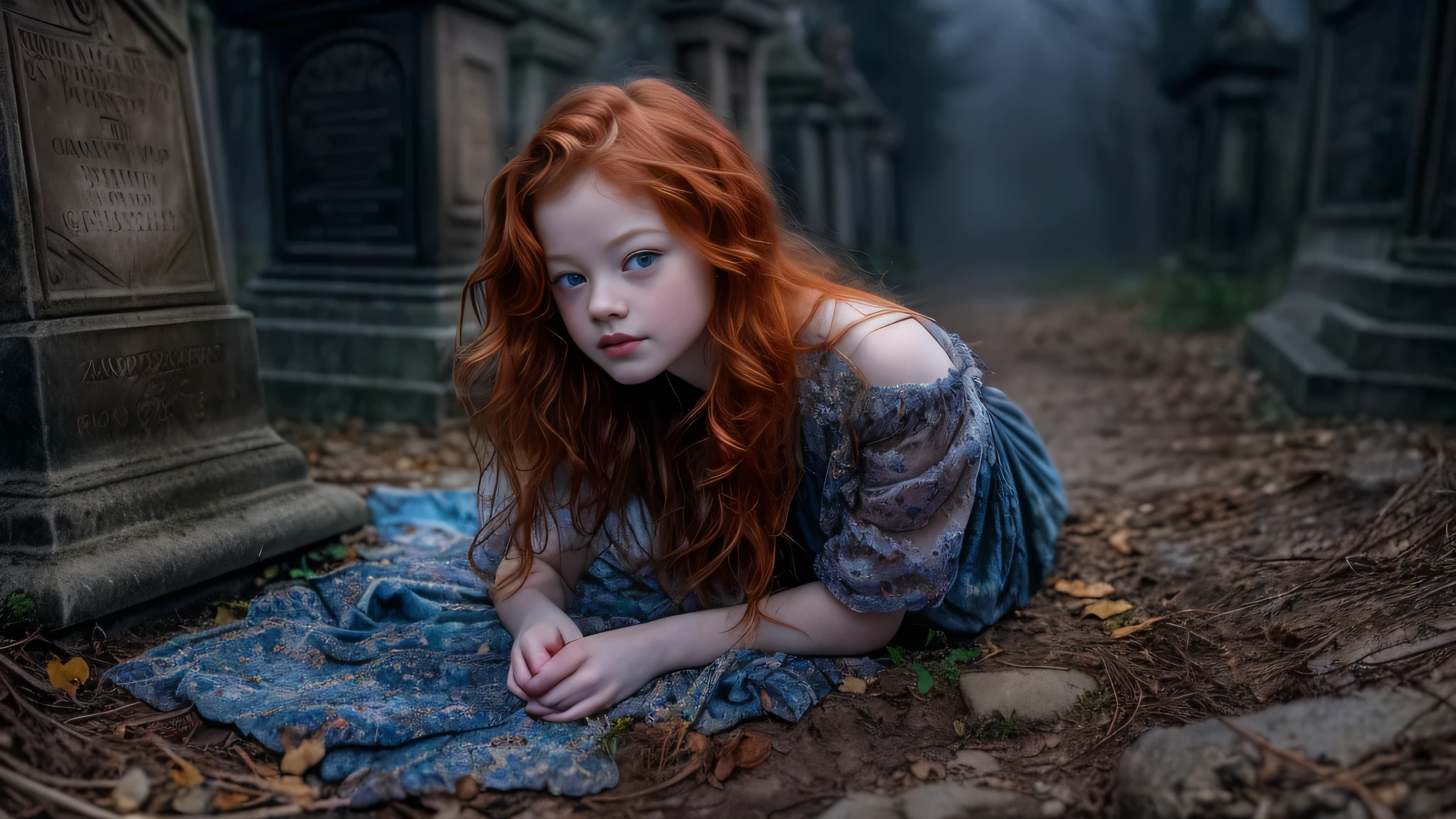 (Mackenzie Foy ginger hair teen girl,13 years old, with spread legs:1.6), (long, messy hair:1.3), blue eyes, detailed eyes, detailed lips,(lies nude, sensual, naked, full body:1.5), (photo different angles:1.5), (lies in abandoned, dark and scary, creepy old cementary:1.5), (dark mood, creepy, mist, dust,fog:1.5) low neck, ray tracing, (best quality, 4k, 8k, high resolution, masterpiece:1.2), very detailed, (realistic , photorealistic, photorealistic :1.37), HDR, UHD, masterpiece, professional, vivid colors, bokeh, studio lighting,nsfw