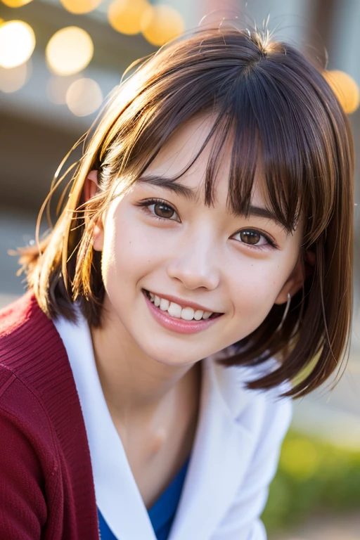 (8k, RAW photo, highest quality, output: 1.2), (realistic, photorealistic: 1.37), super detailed, super high resolution, girl 1, viewer, detailed cute face, smile, teeth, professional lighting, Japan Junior high school student, small breasts, neat, serious, honor student, , standing upright