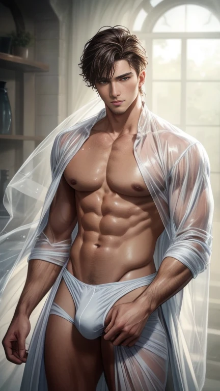 Oil painting, A handsome Young cowboy, , athletic build, ideal body, With a beautiful sexy tango panti With round perfect buttocks, muscular, sweaty after a workout, In White and gold colors, diamond chips all over the body (male model) by Shen Quan, perfect body, beautiful male model, an attractive man 18 years old aesthetic, spring, plains, trees, rough and handsome young man in white transparent robe, white transparent fabric, shirtless jacket shoulders, exposed chest muscles, exposed thighposed transparent white briefs)), (male focus), (smooth body))Digital painting, concept art, illustration, Unreal Engine 5, 8K, art by Alphonse Mucha, UHD, 8k, Show men only .8k Ultra HD, DSLR, dim lighting, high quality, film grain, Fujifilm XT3, male fan, 2-person, two-person model.