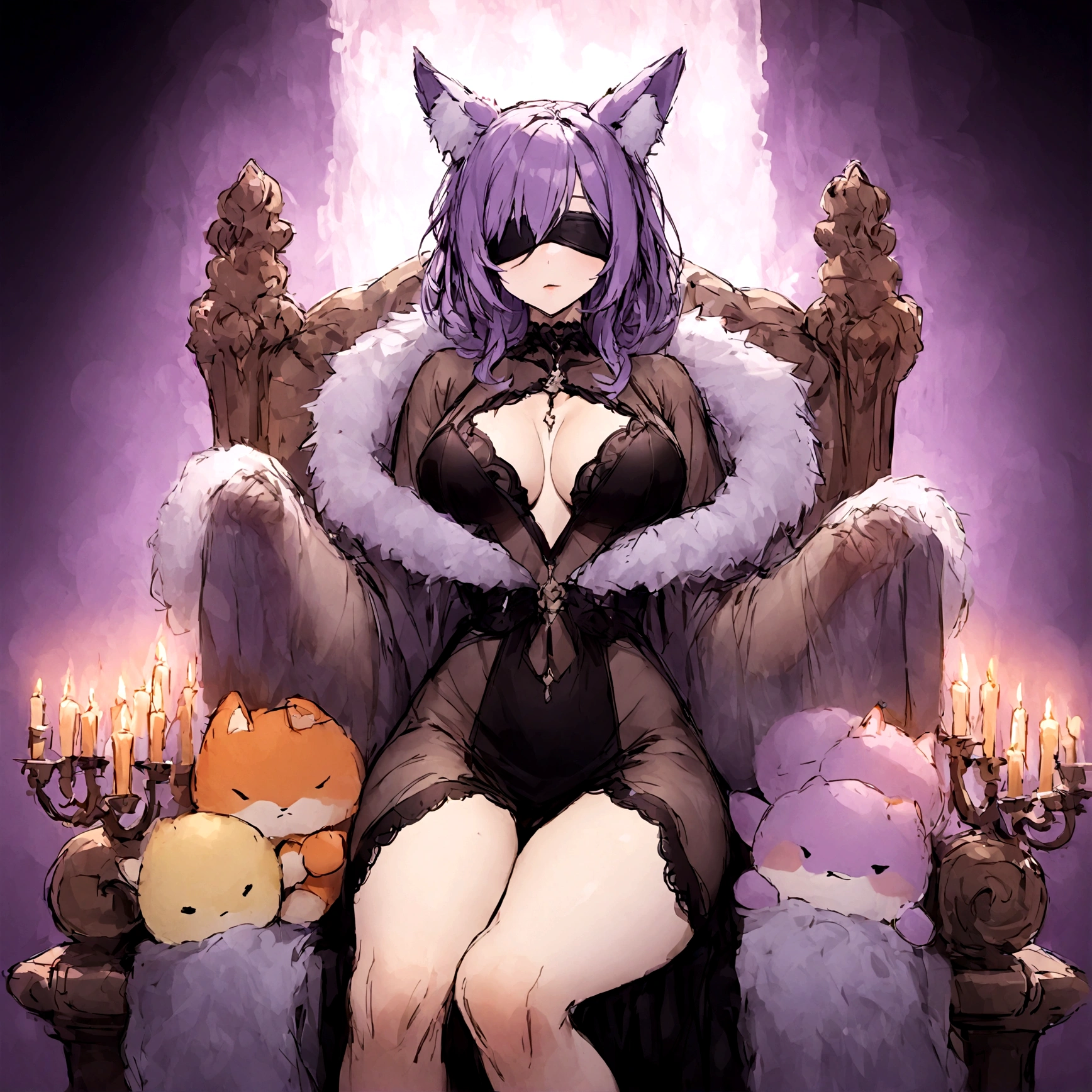 a sexy milf with a blindfold on, has very long purple hair, wearing fur lined sheer robe, breasts, showing cleavage, has fox ears, relaxing on a throne, surrounded by candles and soft multi colored fuzzy plushies