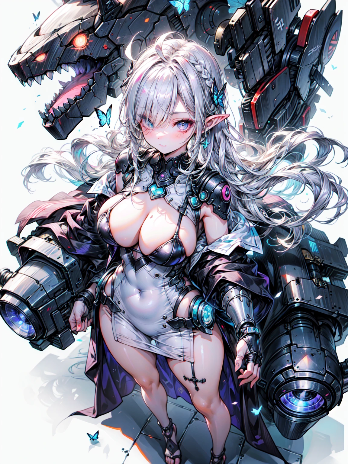 Silver Hair，butterfly，Long white hair，傲娇有带点可爱的表情Race tube top dress，8k wallpaper，detailedな背景，Maximum resolution，Deep V，Hair covering one eye，Race tube top dress，Plump and delicate breasts，Delicate hands，white silver bRacelet，White Diamond Ring，Race gloves on her hands，He wears silver-rimmed aristocratic glasses..，Race，Diamond Crystal Shoes，Crystal Crown，tight waistline，Chis，White Rose，tight，Noble daughter、Organic Armor Cyborg、Machinery Armor、Armor Textures、break、非常にdetailed (Dark Elf), (1 girl), alone, Perfect Face, detailed, Ahoge, ((Long Hair:1.2)), (Hair above one eye:1.3), [[Messy Hair]], Shiny blonde white hair, Purple eyes, Variegated eyes, Colorful Hair, Shining Eyes, Bright Eyes, Face imprint, (eyelash, eye shadow, pink eye shadow), smile, design art by Mikimoto Haruhiko, by Kawashi, by Yoshitaka Amano,break、 ((Perfect Anatomy)),  Big Breasts、(非常にdetailed指), Best Hand, Perfect Face,(Perfect Fingers), Correct Anatomy,