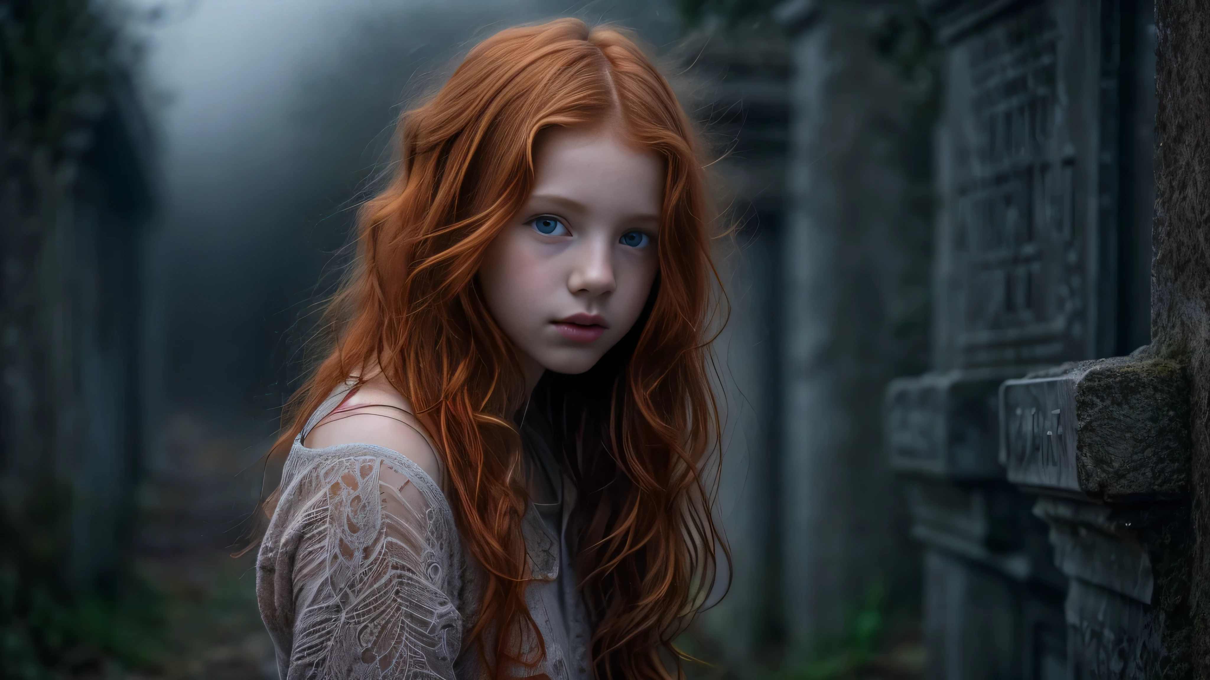 (Laia Manzanares ginger hair teen girl,13 years old, cum on her face:1.6), (long, messy hair:1.3), blue eyes, detailed eyes, detailed lips,(stand nude, sensual, full body:1.5), (photo different angles:1.5), (lies in abandoned, dark and scary, creepy old cementary:1.5), (dark mood, creepy, mist, dust,fog:1.5) low neck, ray tracing, (best quality, 4k, 8k, high resolution, masterpiece:1.2), very detailed, (realistic , photorealistic, photorealistic :1.37), HDR, UHD, masterpiece, professional, vivid colors, bokeh, studio lighting,nsfw