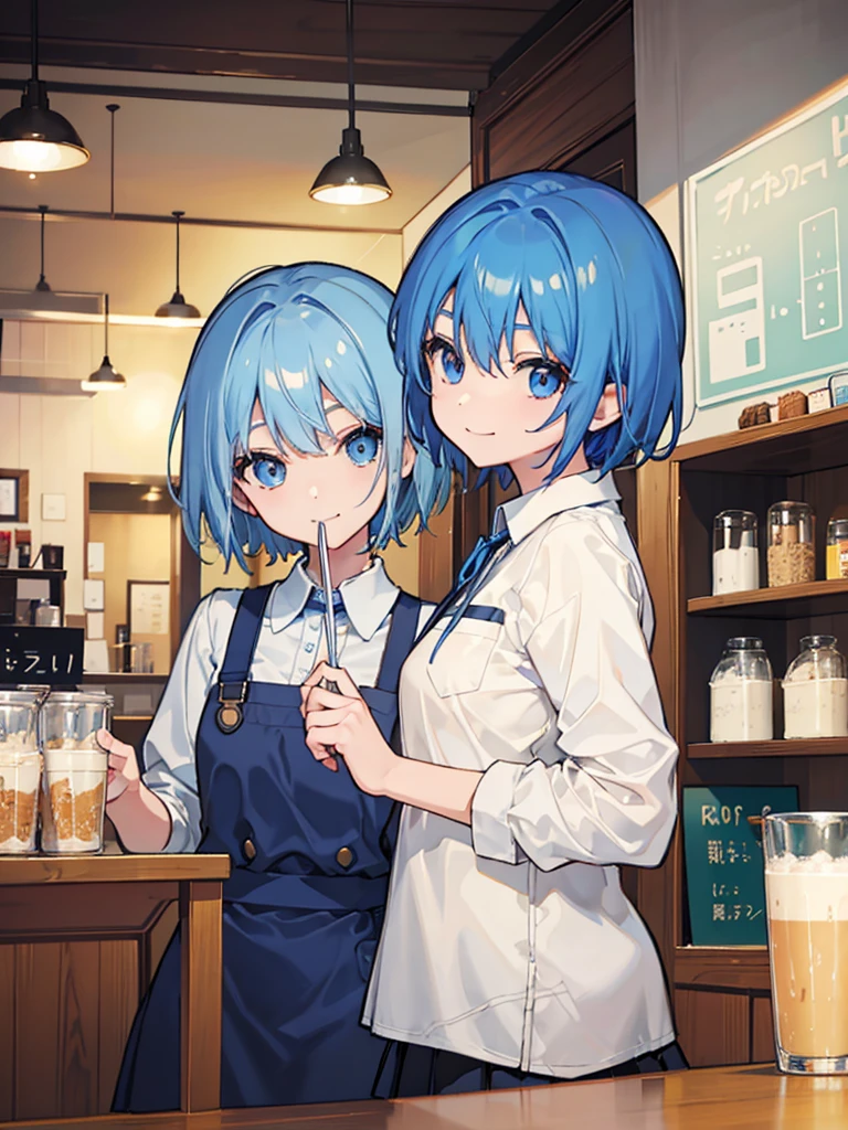 Inside the cafe、Two Girls、Cafe uniform、Blue Hair、Short Hair、Smile with your mouth closed、Highest品質, High definition, Ultra-fine, Highest_detailed