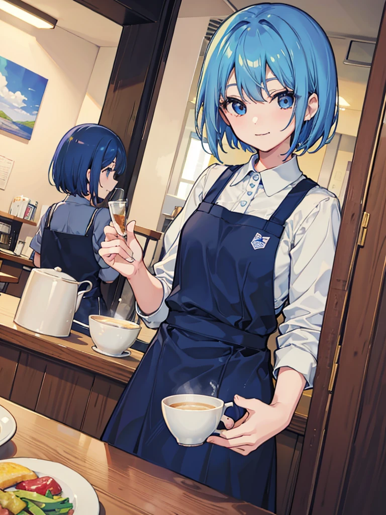 Inside the cafe、Two Girls、Cafe uniform、Blue Hair、Short Hair、Smile with your mouth closed、Highest品質, High definition, Ultra-fine, Highest_detailed