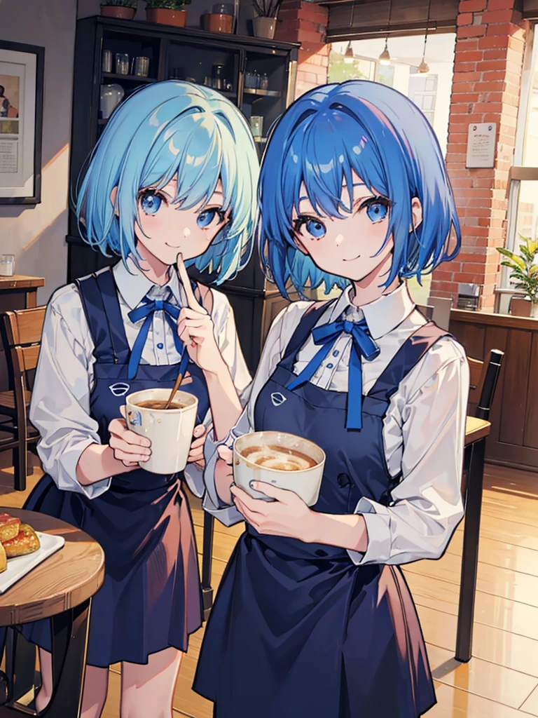 Inside the cafe、Two Girls、Cafe uniform、Blue Hair、Short Hair、Smile with your mouth closed、Highest品質, High definition, Ultra-fine, Highest_detailed