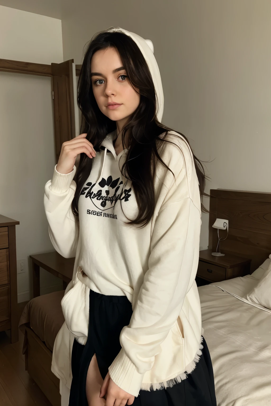 european, irish, welsh, {{pale skin}} white skin, pasty skin, pasty white skin, wide hips, brown eyes, black hair, hip length hair, thick hair, thick hair with volume, fluffy hair, messy hair, big eyes, bags under eyes, tired, tired expression, baggy clothing, baggy hoodie, black clothing, black hoodie, brown clothing, brown skirt, long skirt, bedroom photo