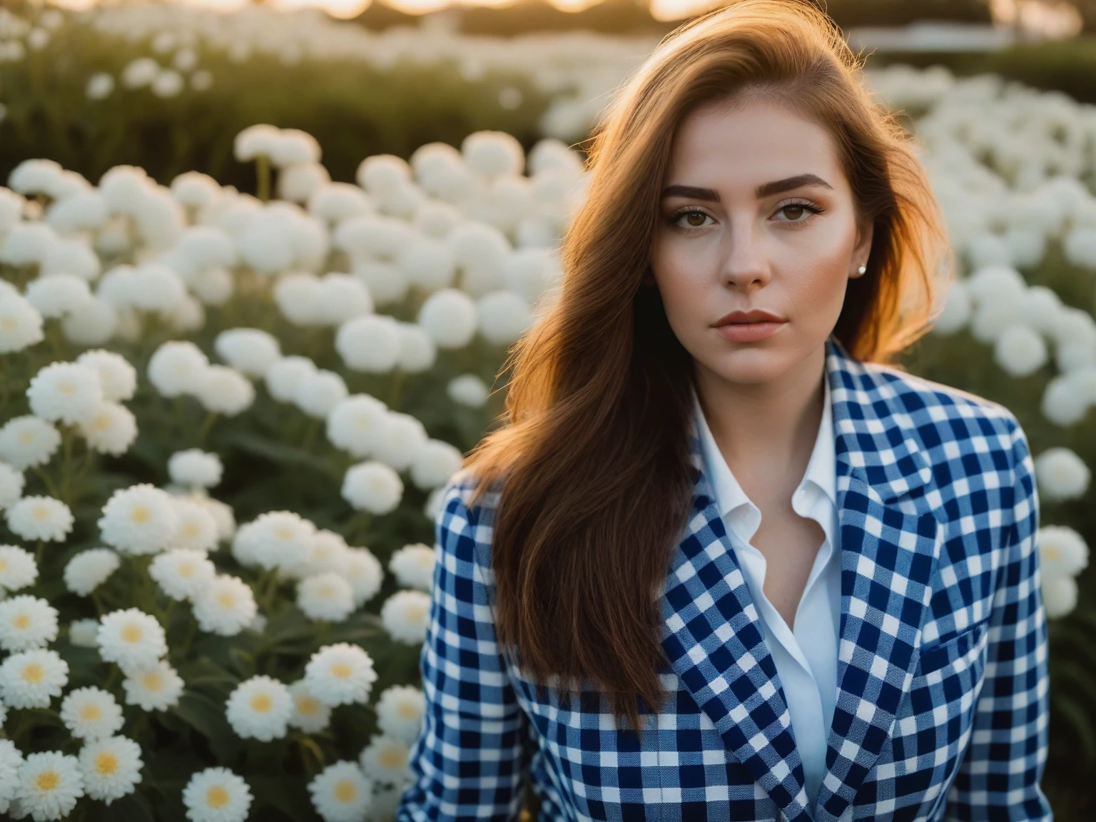 a close up of a woman in a checker suit in  the white flowers garden near beach  , ultra realistic , golden hour photography  , the coat checker in blue and yellow , cinematic lighting  , neon lighting  , dramatic warm rim light