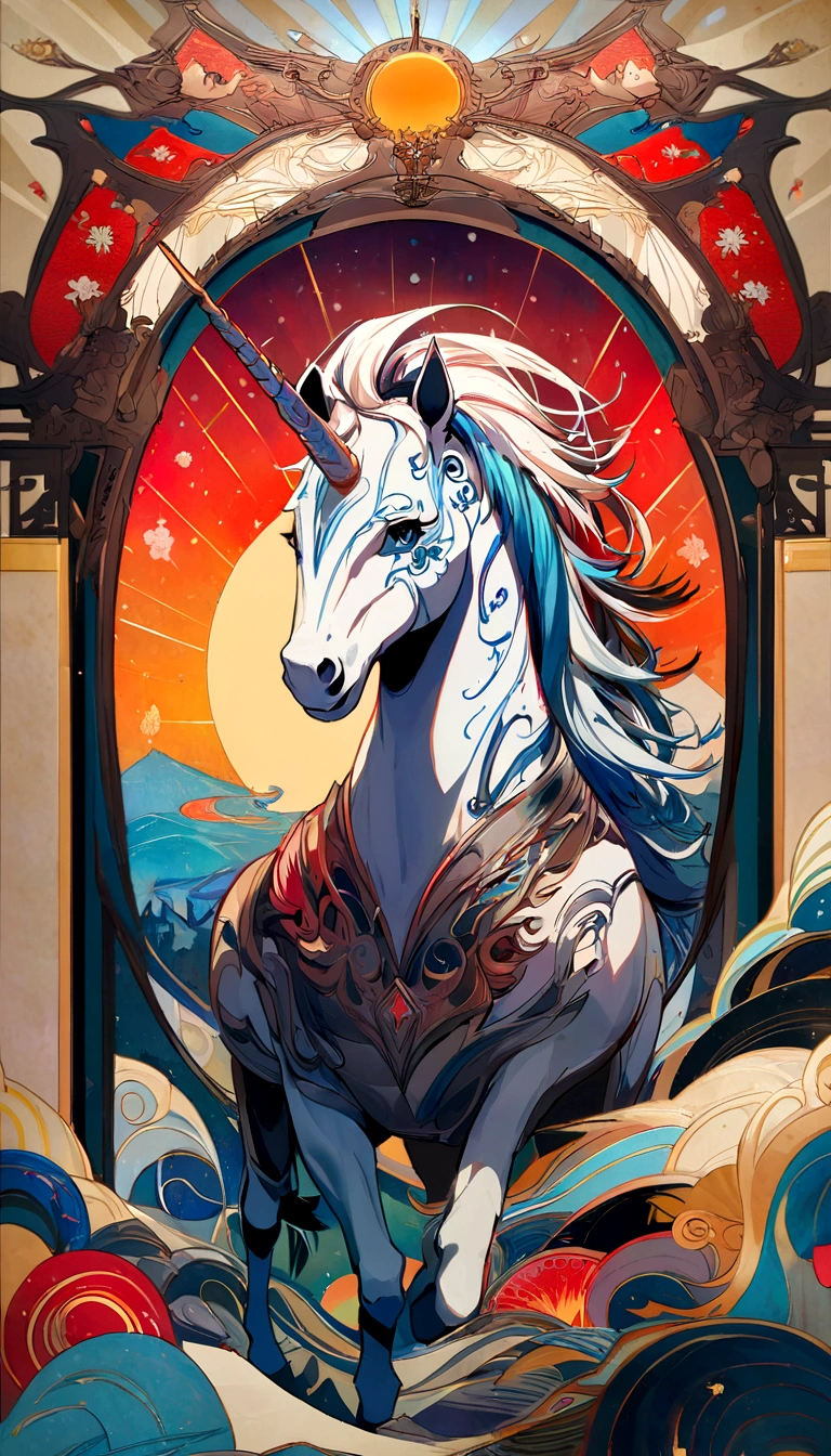 A portrait of a divine unicorn in armour, from the Shanhaijing, Painted on a flat panel, In punk style, Old paper with texture. The unicorn has a mechanical, futuristic look with exquisite detailing. The unicorn is personified in vibrant colors., Vibrant colors and Chinese cultural atmosphere. The vastness of space is depicted in the background., With the sun shining brightly, Add grandeur to a work of art. Lighting creates a dramatic effect, Highlights the intricate details of the armor、Highlights the mystical aura of the unicorn. The sketches are of the highest quality, 4K or 8K resolution, With very fine lines、It represents meticulous craftsmanship and professionalism.. The overall color palette is rich and vibrant, Combine bold and contrasting colors, Enhance the aesthetics of punk、Create visually striking compositions. The fusion of traditional Chinese elements and punk style、Adds a unique and fascinating twist to your artwork。.