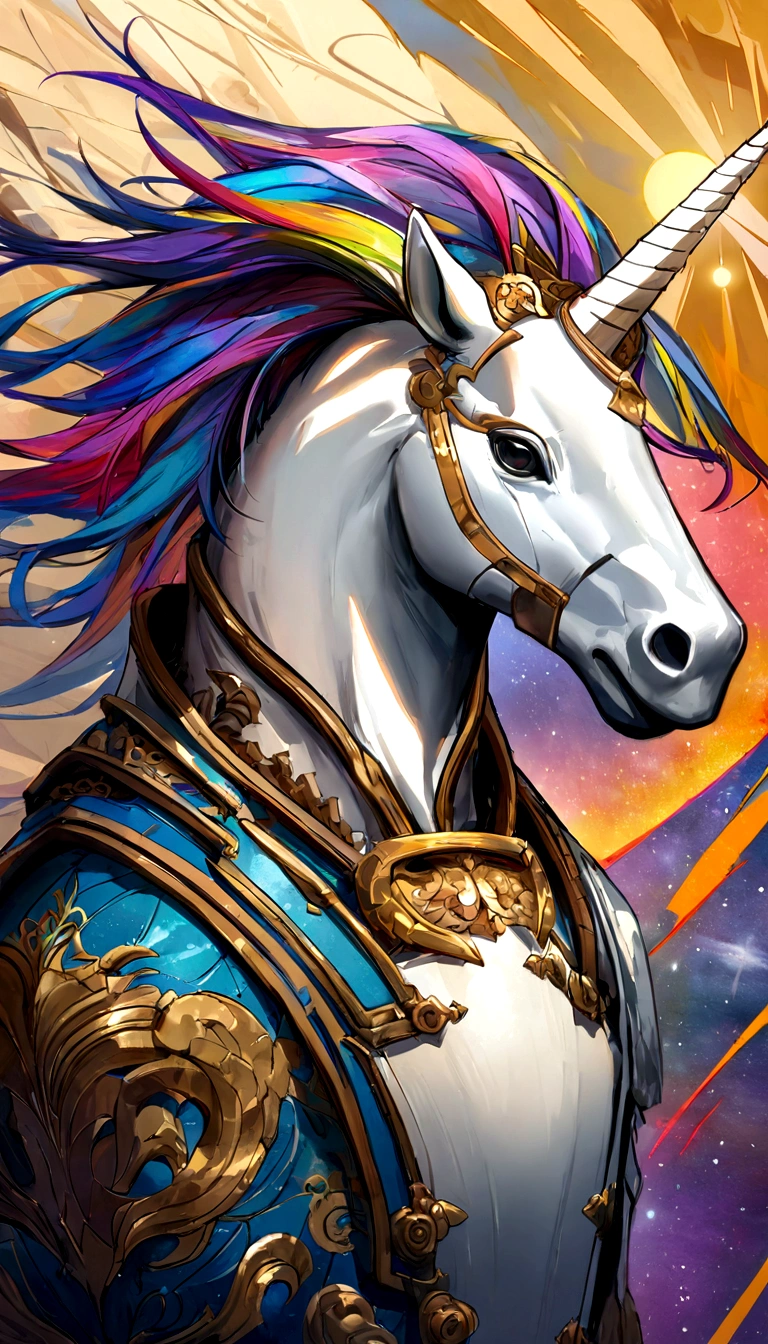 A portrait of a divine unicorn in armour, from the Shanhaijing, Painted on a flat panel, In punk style, Old paper with texture. The unicorn has a mechanical, futuristic look with exquisite detailing. The unicorn is personified in vibrant colors., Vibrant colors and Chinese cultural atmosphere. The vastness of space is depicted in the background., With the sun shining brightly, Add grandeur to a work of art. Lighting creates a dramatic effect, Highlights the intricate details of the armor、Highlights the mystical aura of the unicorn. The sketches are of the highest quality, 4K or 8K resolution, With very fine lines、It represents meticulous craftsmanship and professionalism.. The overall color palette is rich and vibrant, Combine bold and contrasting colors, Enhance the aesthetics of punk、Create visually striking compositions. The fusion of traditional Chinese elements and punk style、Adds a unique and fascinating twist to your artwork。.