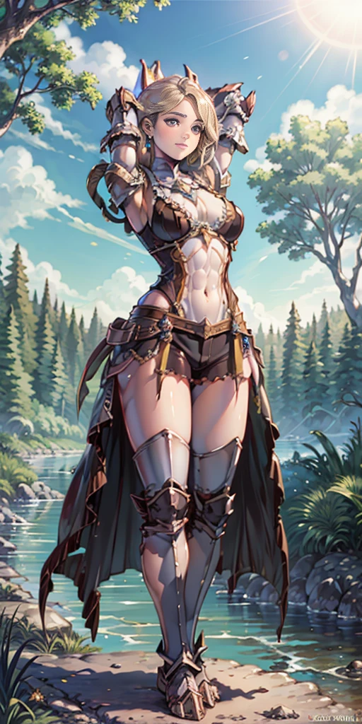 full body toe to head, masterpiece, 1soloMILF BIMBO standing pose, strong body, abs, shiny skin (masterpiece, best quality) 1girlsolo wearing rathalos armor (sunshine, sky, river, forest)