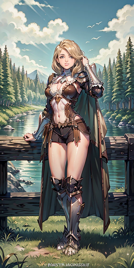 full body toe to head, masterpiece, 1soloMILF BIMBO standing pose, strong body, abs, shiny skin (masterpiece, best quality) 1girlsolo wearing rathalos armor (sunshine, sky, river, forest)