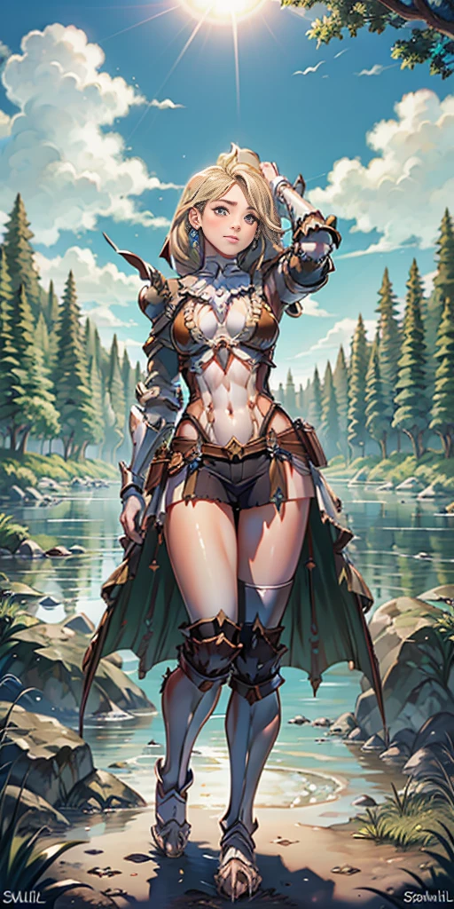full body toe to head, masterpiece, 1soloMILF BIMBO standing pose, strong body, abs, shiny skin (masterpiece, best quality) 1girlsolo wearing rathalos armor (sunshine, sky, river, forest)