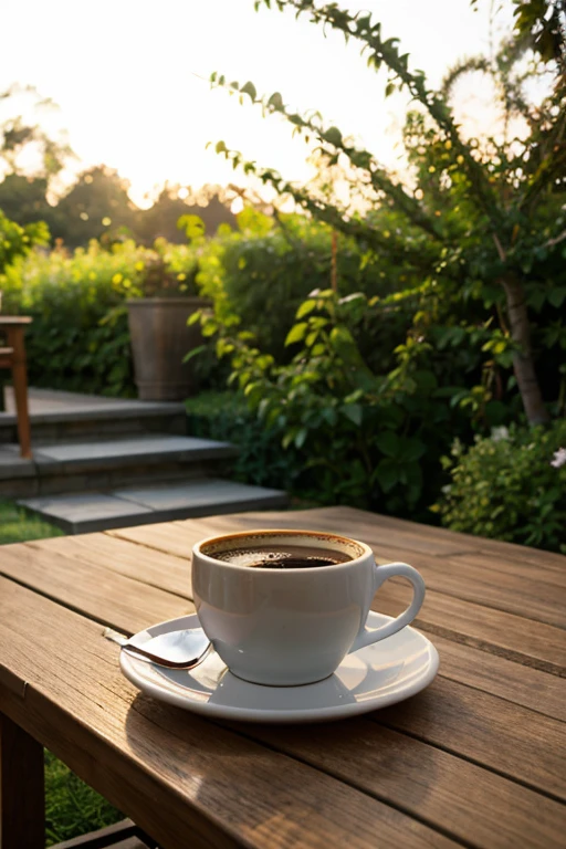 A cup of coffee stands on a table in the garden early in the morning