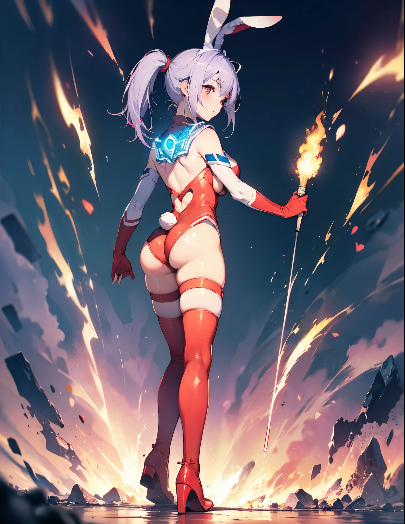 (Close-up:1.3),Realistic,highest quality, Ultra Detail, High-quality CG rendering, The most delicate and beautiful, Floating softly, High resolution, (1 giant girl), (Highest quality,4K,8K,masterpiece:1.2) ,Light purple hair,Rabbit,(Bunny ears:1.5),ponytail,Red eyes,(Ultra Girl:1.0),(All red Ultraman bodysuit:1.4),(All red gloves:1.3),(All red shoes:1.3), (Clenched Fist:1.2),(whole body:1.3),(Turn your back to your audience:1.3),Butt,(Slightly larger breasts:1.5)

