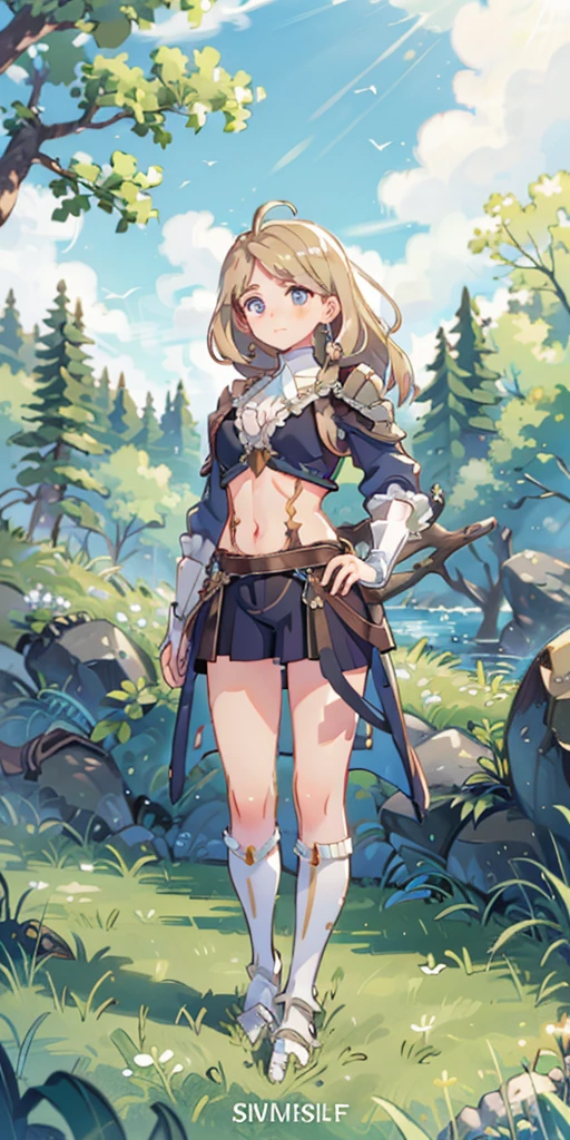 full body toe to head, masterpiece, 1soloMILF BIMBO standing pose, strong body, abs, shiny skin (masterpiece, best quality) 1girlsolo wearing rathalos armor (sunshine, sky, river, forest)