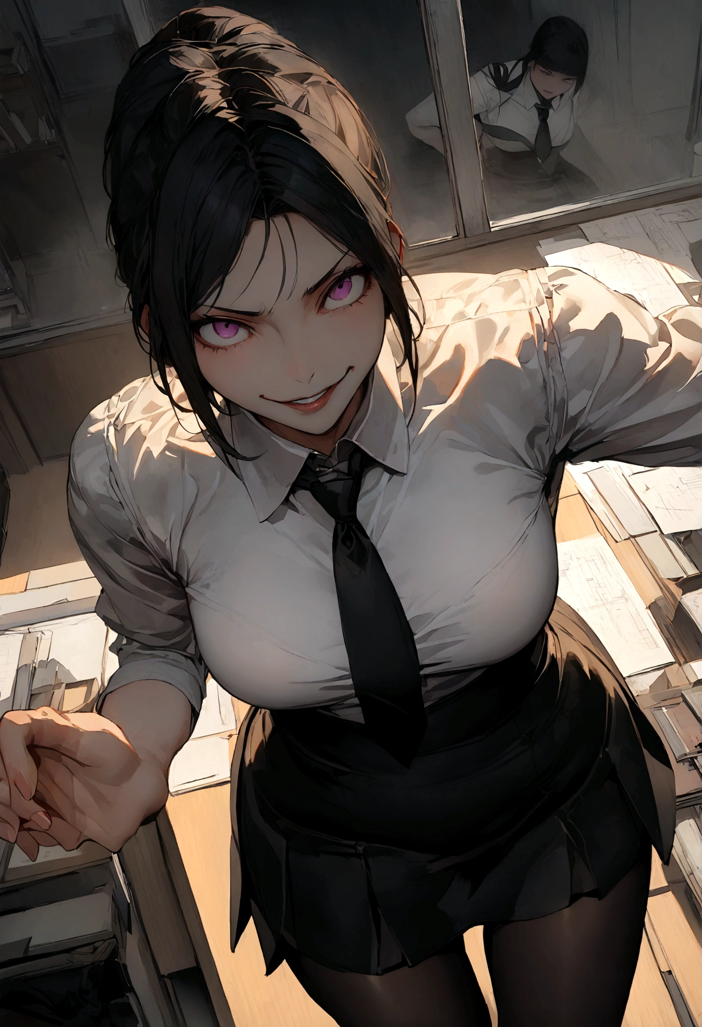 juri han, work of art, tight white secretary shirt with black tie, black high waist skirt, short skirt,stocking, black hair, black tights,evil smile,office,franja nos olhos,lighting,chifre de cabelos,view from above,olhando para baixop,visao de baixo
