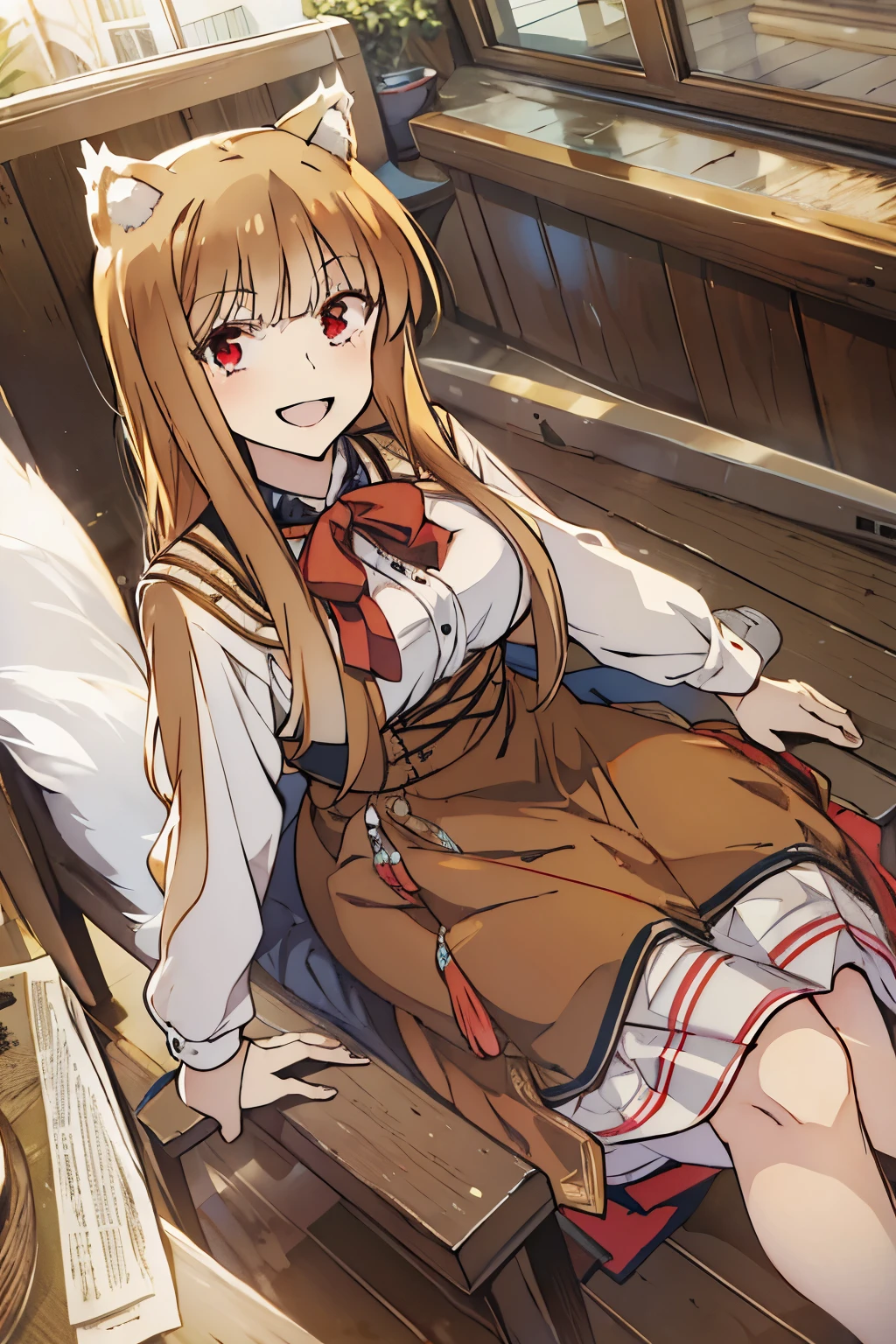 best quality,masterpiece,Dynamic lighting,High Angle, (Holo of Spice and Wolf),wearing a long skirt,long sleeves,strapless,My shoulders are exposed,bust,,Sitting on a chair,Support your chin with your left hand,a bewitching laugh,waving my right hand,greeting,tail wagging,Fangs that appear to be teeth,wooden table in front,sitting on a wooden chair,looking at the viewer,smiling brightly,afternoon,middle age,village inn restaurant