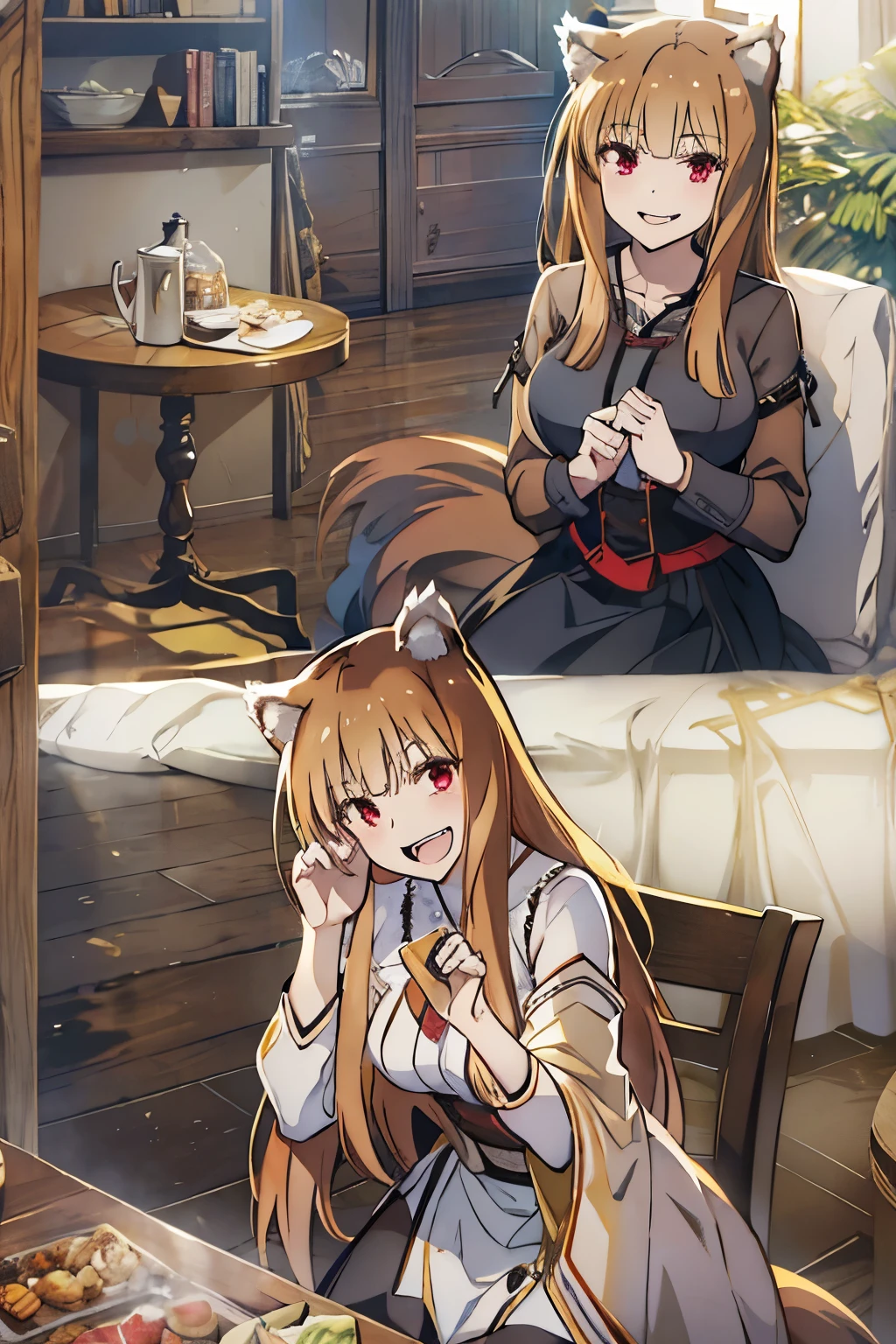 best quality,masterpiece,Dynamic lighting,High Angle, (Holo of Spice and Wolf),wearing a long skirt,long sleeves,strapless,My shoulders are exposed,bust,,Sitting on a chair,Support your chin with your left hand,a bewitching laugh,waving my right hand,greeting,tail wagging,Fangs that appear to be teeth,wooden table in front,sitting on a wooden chair,looking at the viewer,smiling brightly,afternoon,middle age,village inn restaurant
