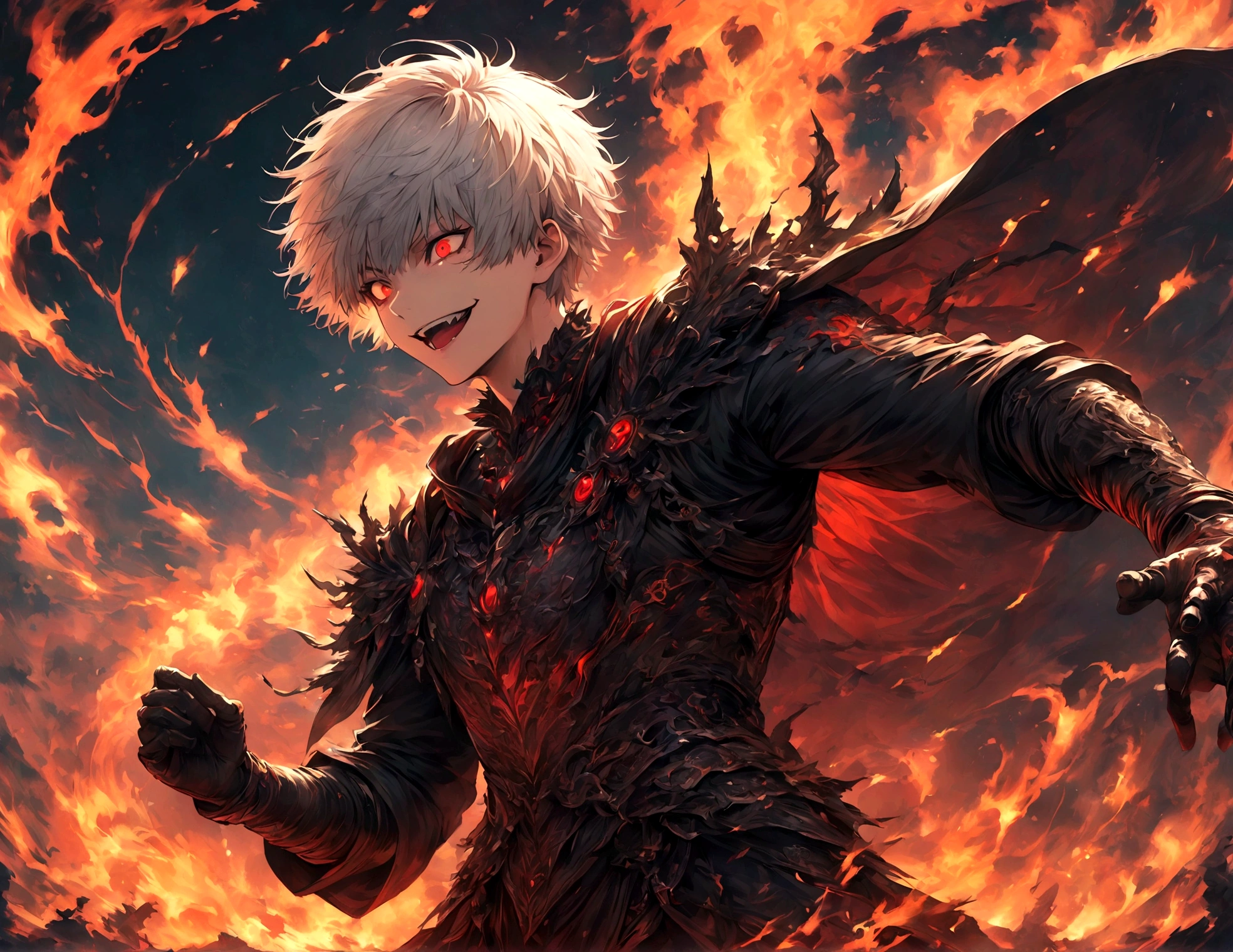 (1 male,Kaneki),Tokyo Ghoul,,Midori Ishida's painting style,Intricate details,Use black and white as your main colors,Decadent,artwork,rendering,Dynamic pose,(masterpiece:1.3),(highest quality:1.4),(Super detailed:1.5),High resolution,Very detailed,unity 8k wallpaper,Dark fantasy,Glare,Fighting Style,Crazy Smile,Close-up shot