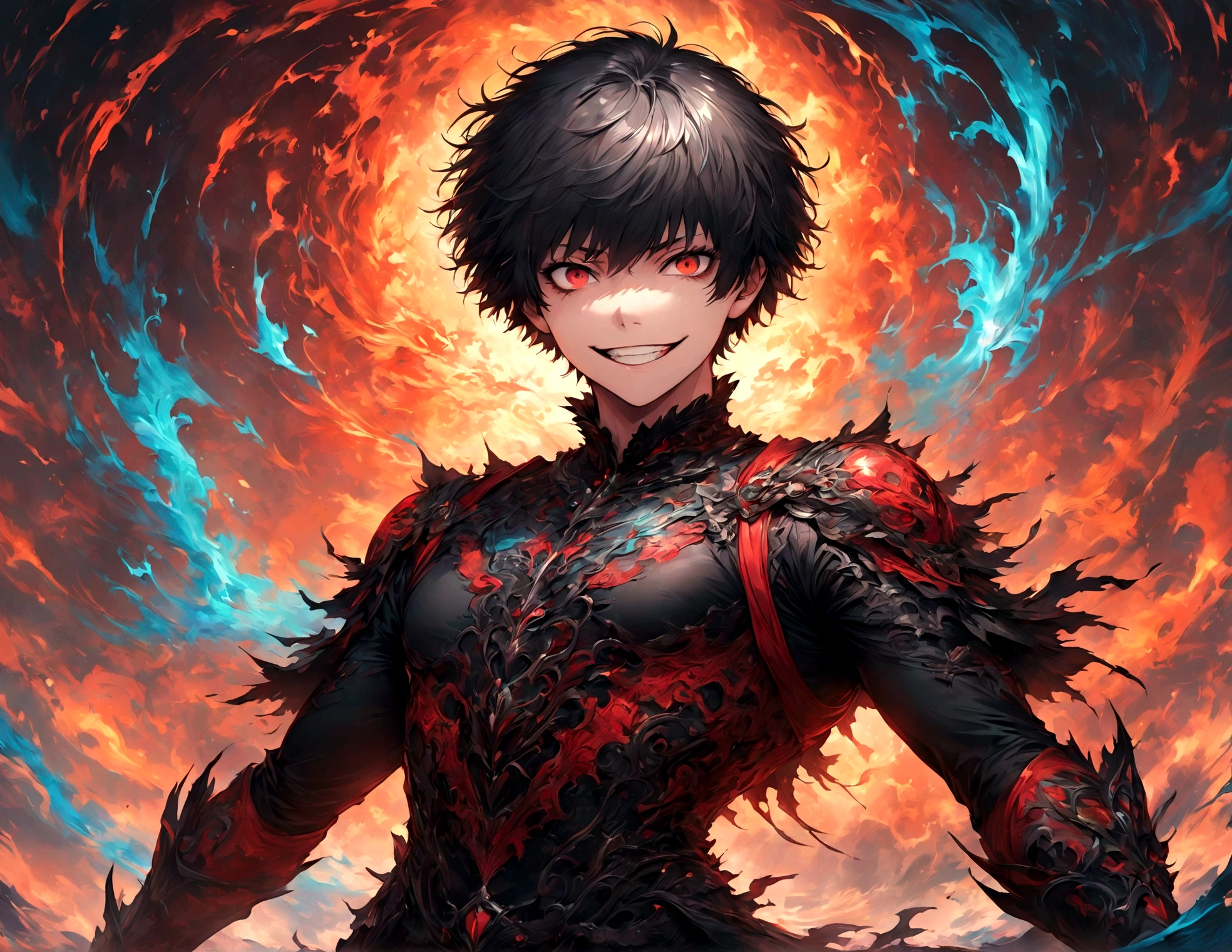 (1 male,Kaneki),Tokyo Ghoul,,Midori Ishida's painting style,Intricate details,Use black and white as your main colors,Decadent,artwork,rendering,Dynamic pose,(masterpiece:1.3),(highest quality:1.4),(Super detailed:1.5),High resolution,Very detailed,unity 8k wallpaper,Dark fantasy,Glare,Fighting Style,Crazy Smile,Close-up shot