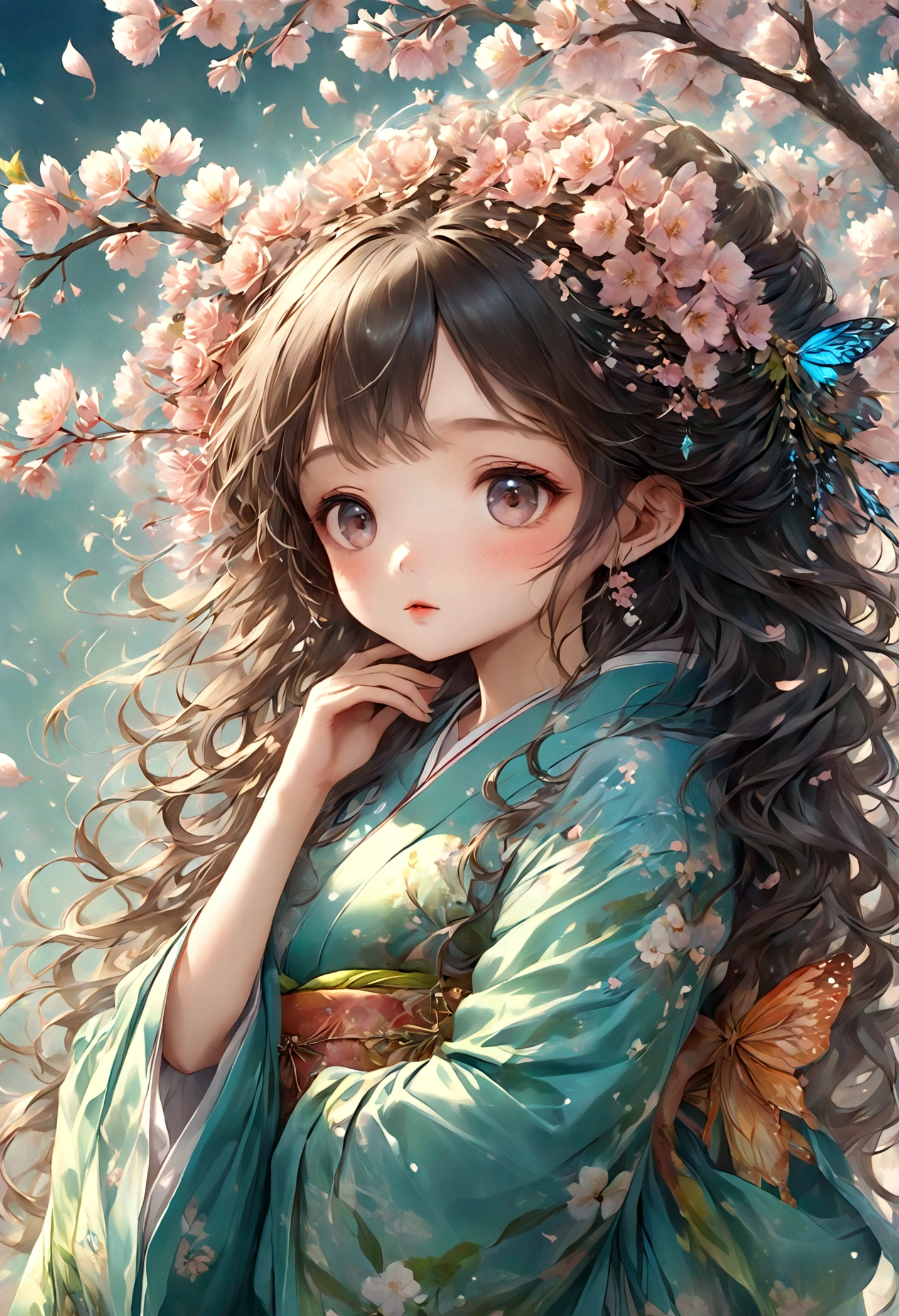  Vibrant fantasy and cuteness created in a hyper-detailed animation style. A girl wears a kimono.，How to take a walk with a panoramic view of the four seasons( Perfect anatomical structure )The background is full of flying cherry blossoms, dynamically blurred, calm and peaceful, very cute animation style   (masterpiece),逼真的masterpiece (best quality), (Ultra-high detail)

                   Very cute girl doll amazing artwork super detailed digital art