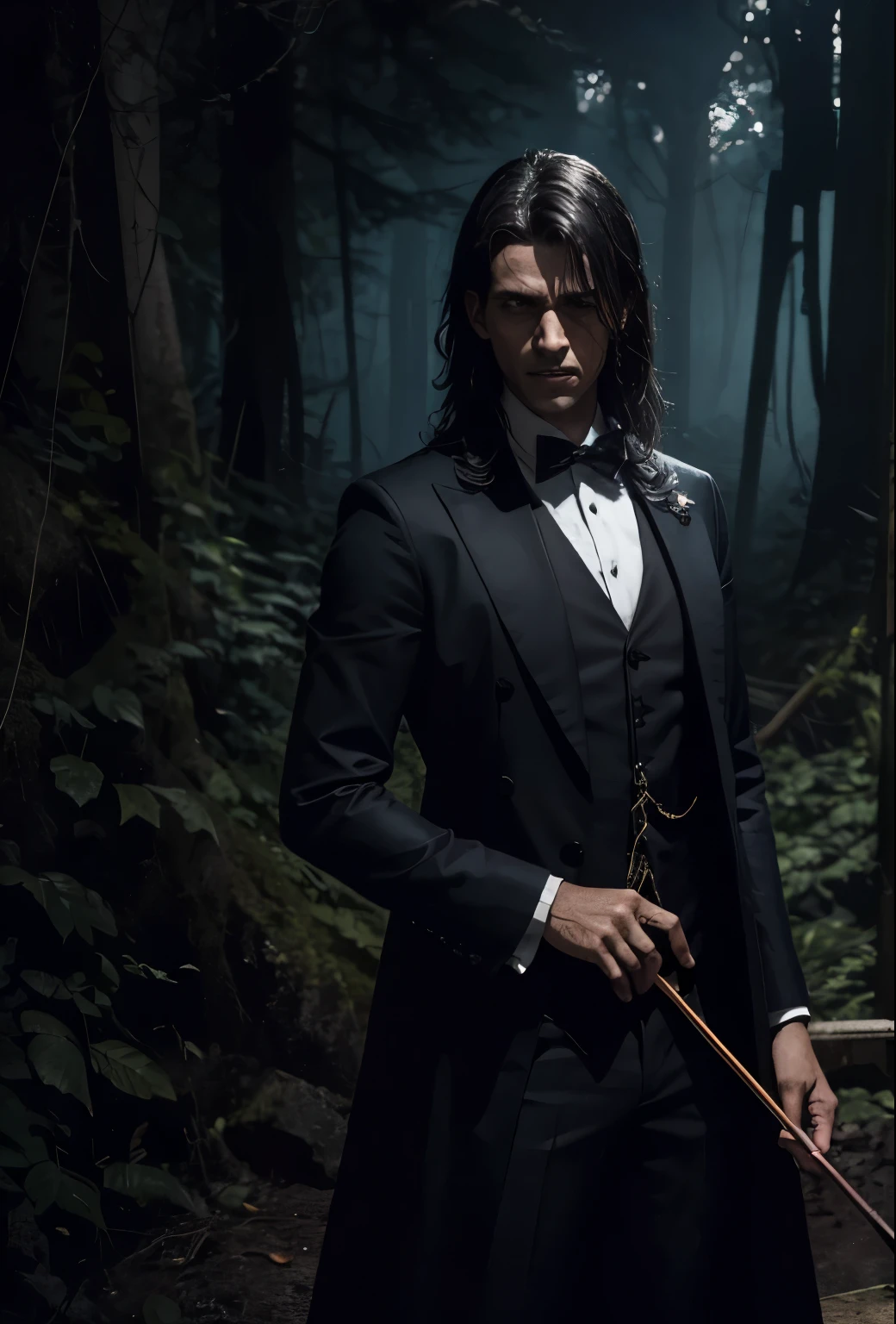 homem adulto violista de terno cercado por arvores macabras em um dark scenery, violinista com um olhar macabro, paganini, dark scenery, estilo horror, pesadelo, cena macabra, filme de terror, personagem com medo, floresta retorcida e sobrenatural, personagem sujo de sangue, noite sem lua, desolate and destroyed place, apocalipse