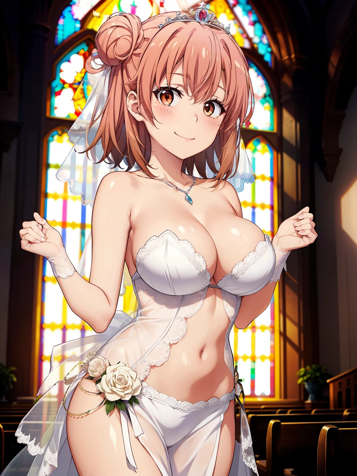 ((highest quality, High resolution, Perfect Pixel, 4k)), (Beautiful Anime Girls), Depth of written boundary、
Watching the audience,
Perfect body,
yuigahama yui, Brown eyes、Detailed eyes、single hair bun,
(Big Breasts:1.3)、
Focus on the chest、
lace wedding dress, strapless,
Bridal Tiara, Bridal Veil,
church、wedding style、
smile、blush、
Cleavage、belly button、Thighs、