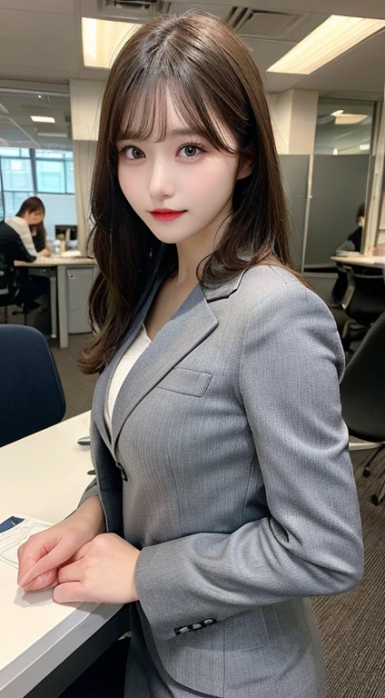 Tabletop, highest quality, figure, Super detailed, In detail, High resolution, 8k wallpaper, Perfect dynamic composition, Beautiful fine details, senior,OL,Long sleeve、Grey Suit,Medium Hair, Big Breasts, Natural color lip, Random sexy poses,office、20-year-old girl