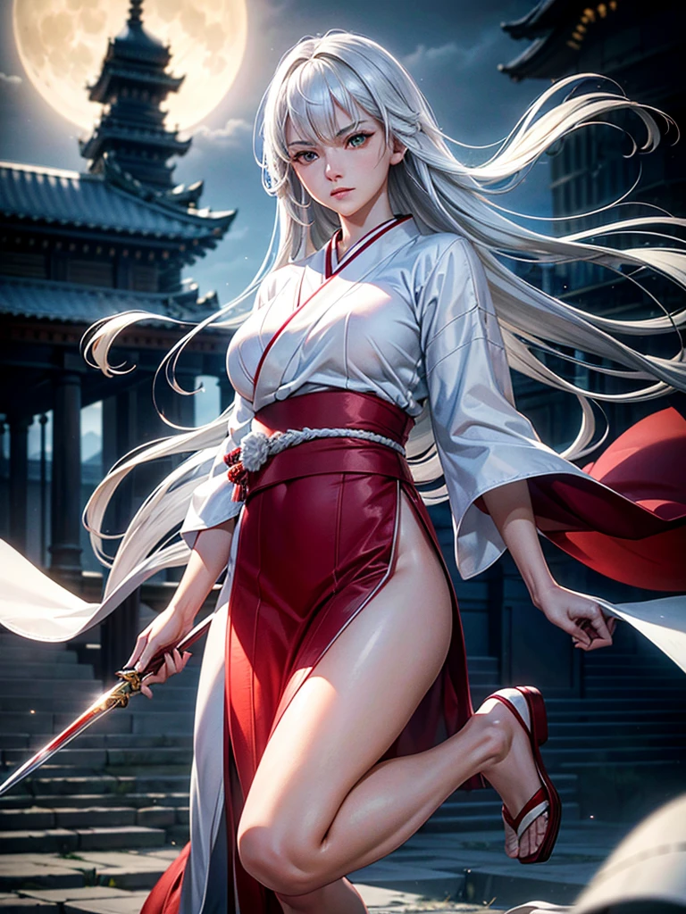 A beautiful young woman with silver hair and smooth long hair, wearing a stylish white and red kimono, standing in a beautiful full moon scenery, protected by god,  ((White Wolf)), ready for battle, (best quality,4k,8k,highres,masterpiece:1.2),ultra-detailed,(realistic,photorealistic,photo-realistic:1.37),HDR,UHD,studio lighting,ultra-fine painting,sharp focus,physically-based rendering,extreme detail description,professional,vivid colors,bokeh,portraits,battle scenes、Jumping、Jump from building to building