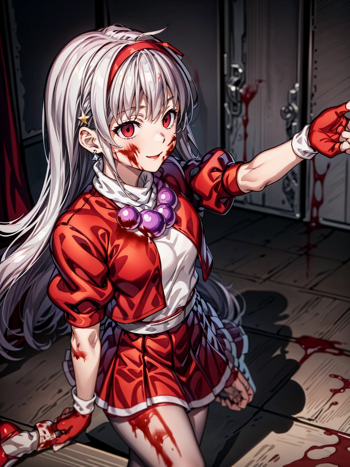 (masterpiece)、(highest quality)、(Very detailed)、Intricate details、Athena 97、( 1girl)、alone、red eyes、( Silver Hair:1.6),Very long hair,、Hair length、White Earrings、Red Hairband、Star hair ornament、Proper breathing、Red vest、White turtleneck、White puff sleeves、Short sleeve、Red pleated skirt、(Crimson Pantyhose:1.2)、Black Pantyhose、Yellow Belt、Purple sphere necklace、Red fingerless gloves、White short socks、Red Shoes、Wicked Smile、Browsing Caution、In the ruins、Anime Style、(Blood on my face:1.6)、(Preparing for battle:1.2)、Contains Hypnolol、
Hollow Eyes、whole body, Looking at the audience,Silver Hair,Very long hair,evil aura,