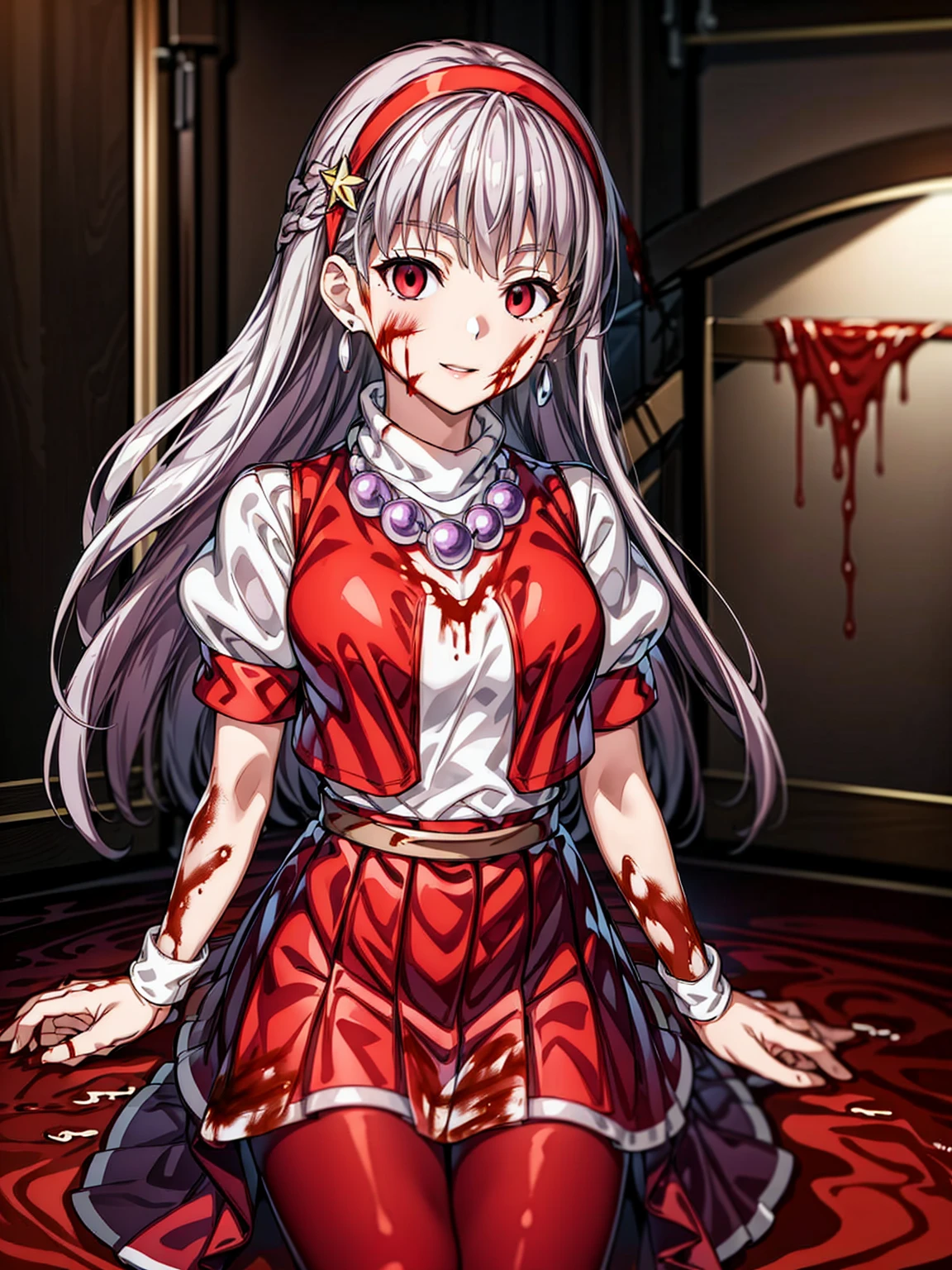 (masterpiece)、(highest quality)、(Very detailed)、Intricate details、Athena 97、( 1girl)、alone、red eyes、( Silver Hair:1.6),Very long hair,、Hair length、White Earrings、Red Hairband、Star hair ornament、Proper breathing、Red vest、White turtleneck、White puff sleeves、Short sleeve、Red pleated skirt、(Crimson Pantyhose:1.2)、Black Pantyhose、Yellow Belt、Purple sphere necklace、Red fingerless gloves、White short socks、Red Shoes、Wicked Smile、Browsing Caution、In the ruins、Anime Style、(Blood on my face:1.6)、(Preparing for battle:1.2)、Contains Hypnolol、
Hollow Eyes、whole body, Looking at the audience,Silver Hair,Very long hair,evil aura,