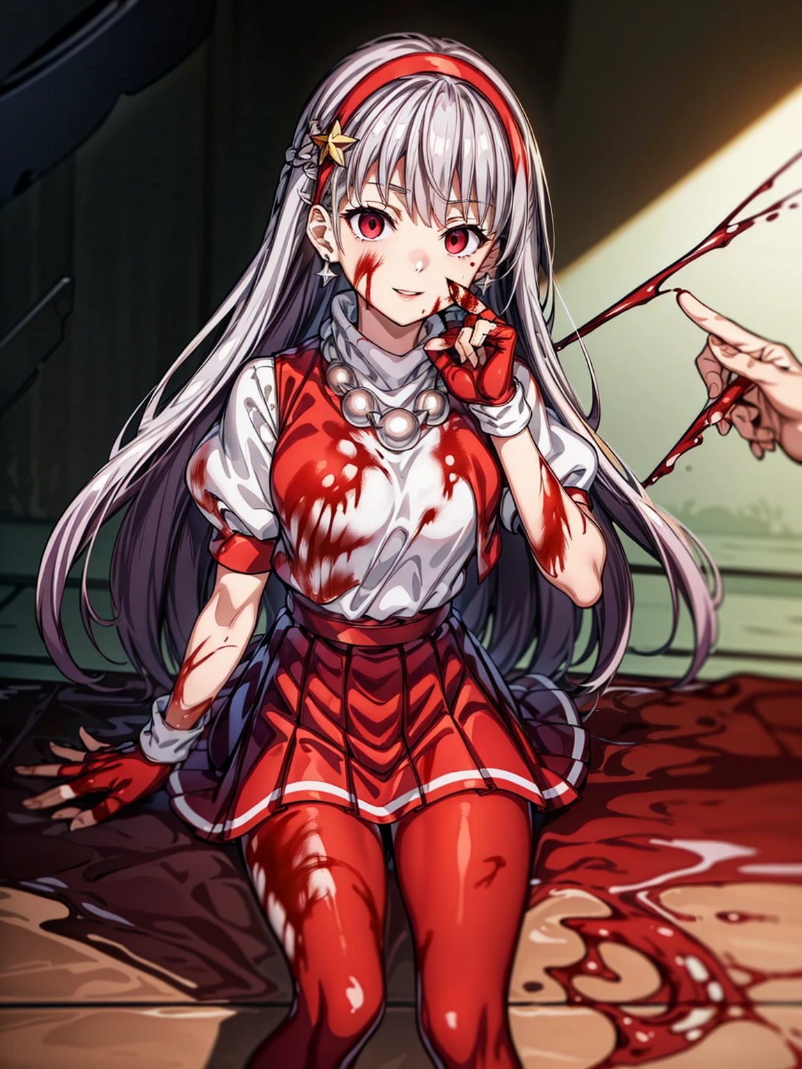 (masterpiece)、(highest quality)、(Very detailed)、Intricate details、Athena 97、( 1girl)、alone、red eyes、( Silver Hair:1.6),Very long hair,、Hair length、White Earrings、Red Hairband、Star hair ornament、Proper breathing、Red vest、White turtleneck、White sleeves、Short sleeve、Red pleated skirt、(Crimson Pant:1.2)、Black Pantyhoseow Belt、Purple sphere necklace、Red fingerless gloves、White short socks、Red Shoes、Wicked Smile、Browsing Caution、In the ruins、Anime Style、(Blood on my face:1.6)、(Preparing for battle:1.2)、Contains Hypnolol、
Hollow Eyes、whole body, Looking at the audience,Silver Hair,Very long hair,evil aura,