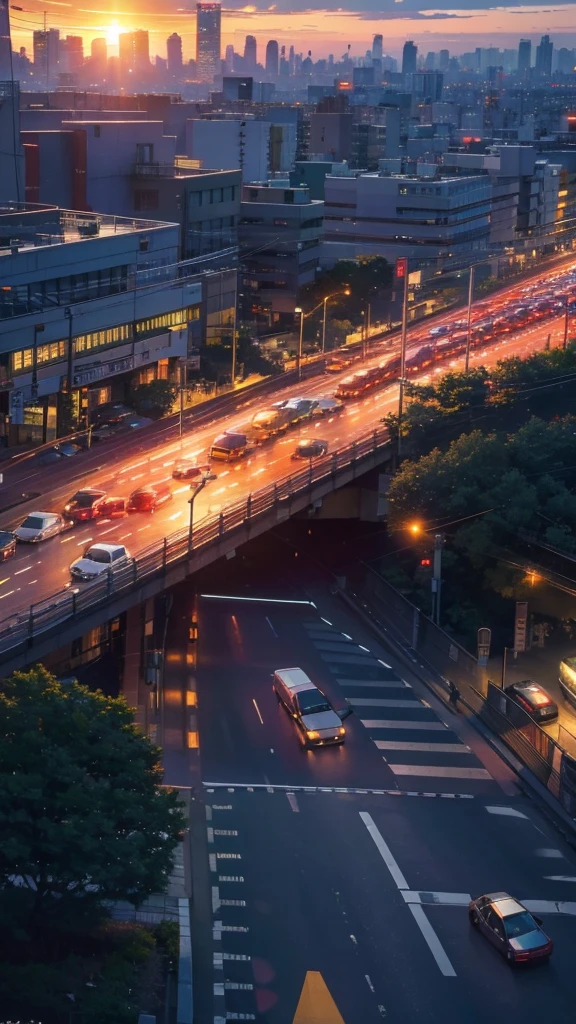 A shining sunset,sunset,Cars passing by on the road,Top-down view,Tokyo city,traffic jam