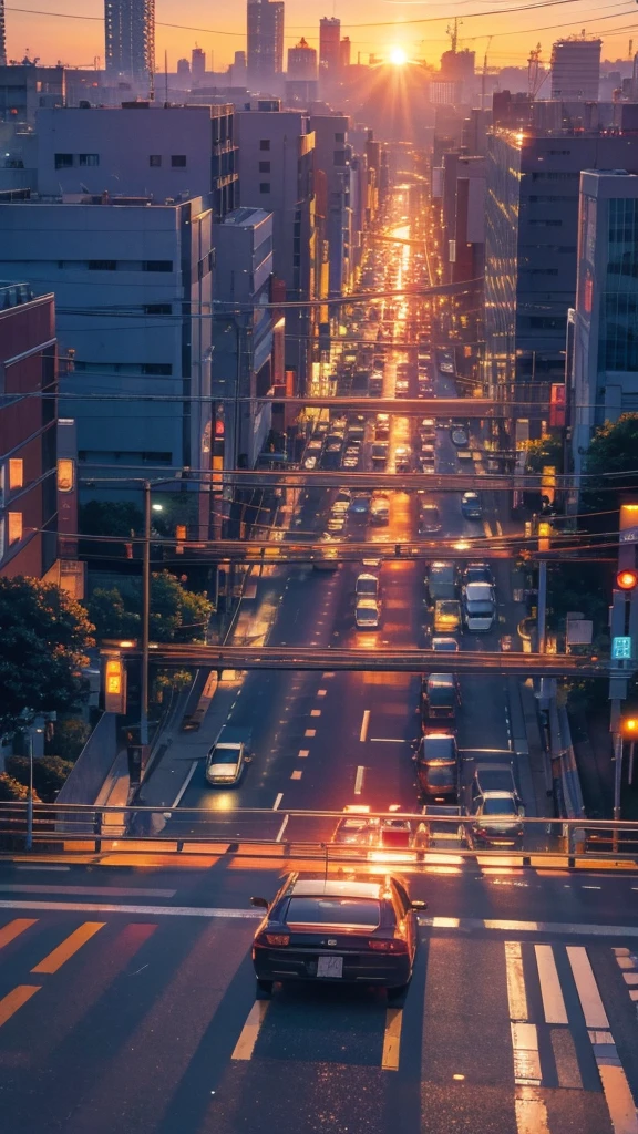 A shining sunset,sunset,Cars passing by on the road,Top-down view,Tokyo city,traffic jam
