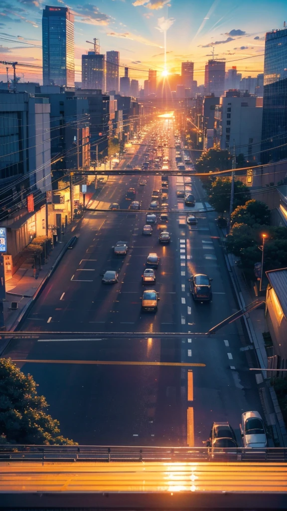 A shining sunset,sunset,Cars passing by on the road,Top-down view,Tokyo city,traffic jam