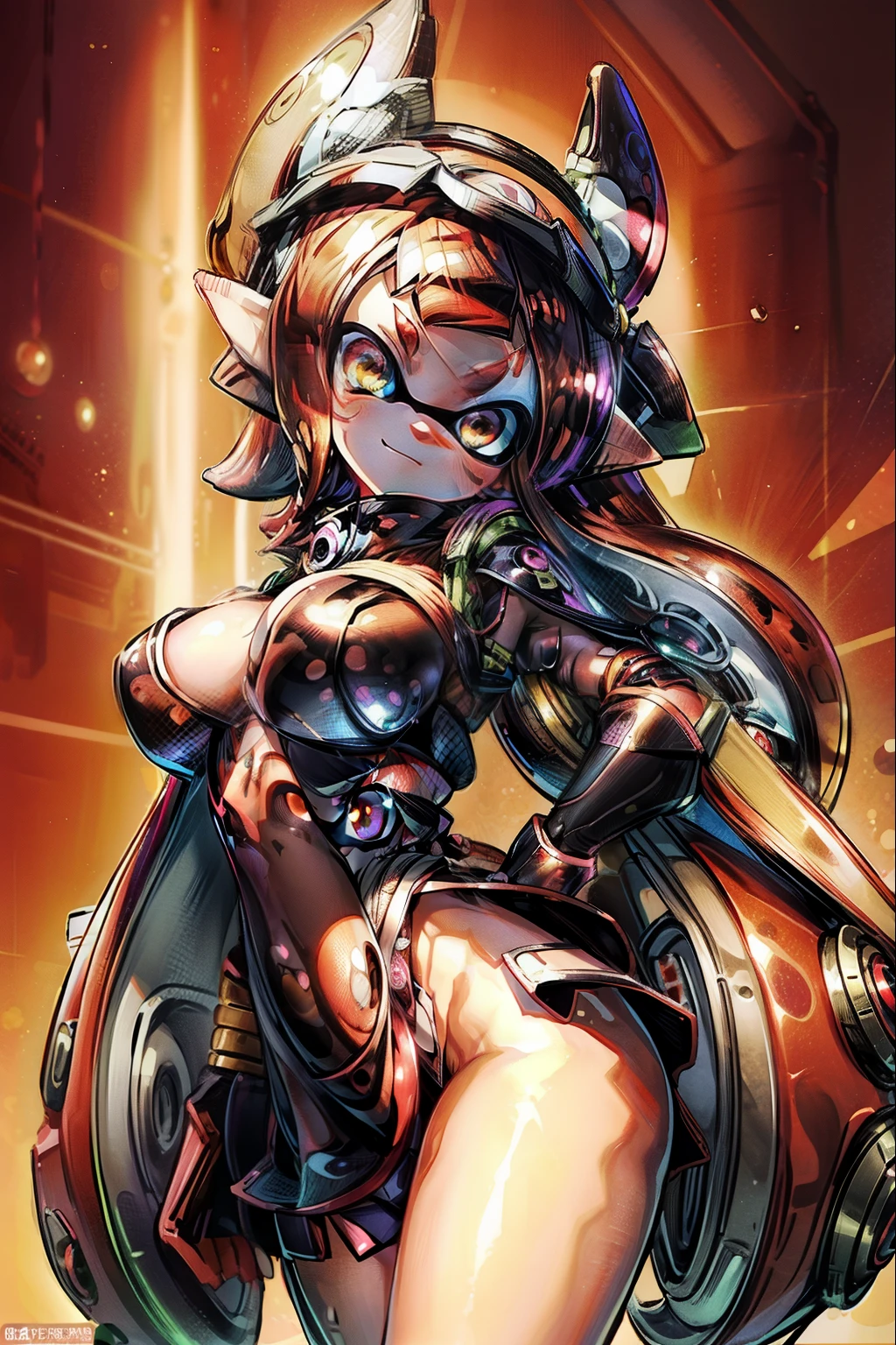 masterpiece,detailed,Real Anime、3D、((Splatoon Girl))、y Girl,Exquisite facial features,Expressive,Trying,Micro Mini Skirt,panxy pose, and cute eyes、Golden Eyes、gigantic breast、Breastsed,Cle(Black and red gtentacle hair))、Metallic and shiny tentacle hair、Great background,Natural light and shadow,Anatomically correct,4K,highest quality,highest quality at best,Perfect composition、Smiling with mouth slightly open、