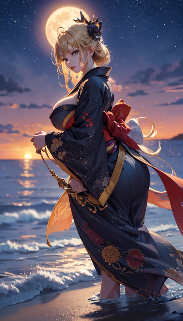 masterpiece, high quality, 4K, Beautiful design, silhouette，blonde， Highly detailed sunset view,beach，coastal， wonderful, Finer details,  Very knowledgeable woman, Highly detailed solo, 1 female,Big Breasts，Butt，kimono，Night view，Starry Sky，full moon，