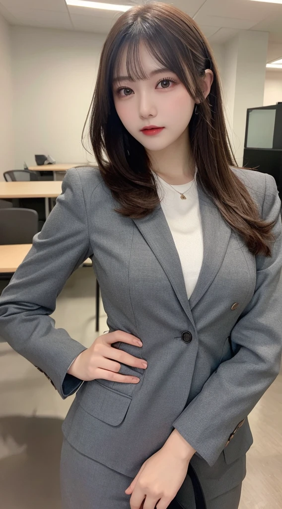 Tabletop, highest quality, figure, Super detailed, In detail, High resolution, 8k wallpaper, Perfect dynamic composition, Beautiful fine details, senior,OL,Long sleeve、Grey Suit,Medium Hair, Big Breasts, Natural color lip, Random sexy poses,office、20-year-old girl
