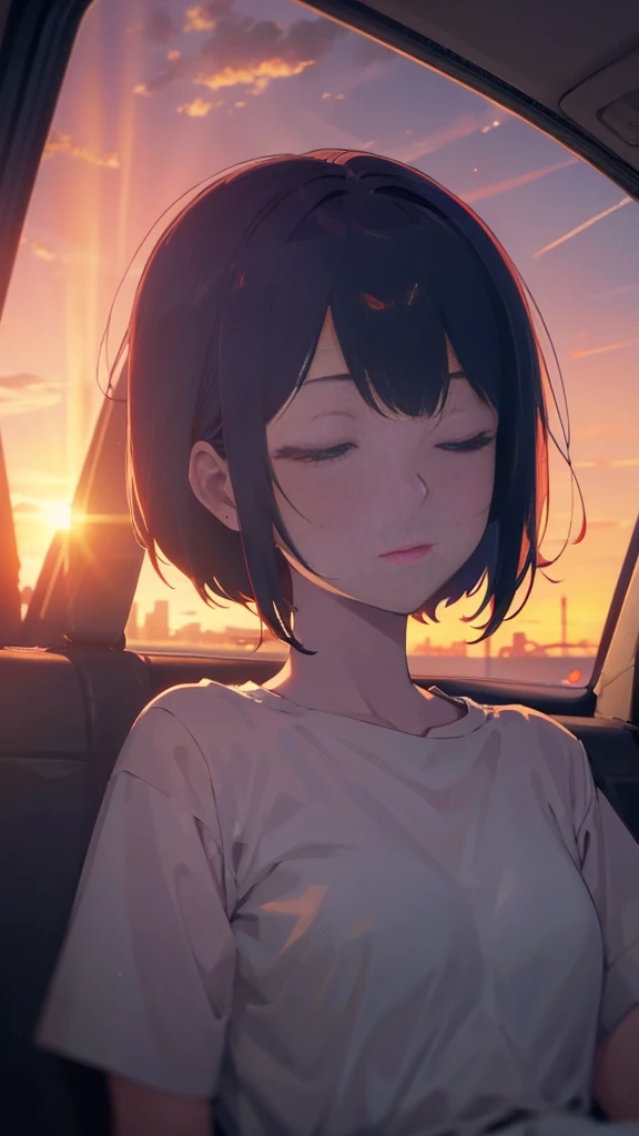 girl with short bob hair,Red eyes ,A shining sunset,sunset,Sleeping in the car with both eyes closed