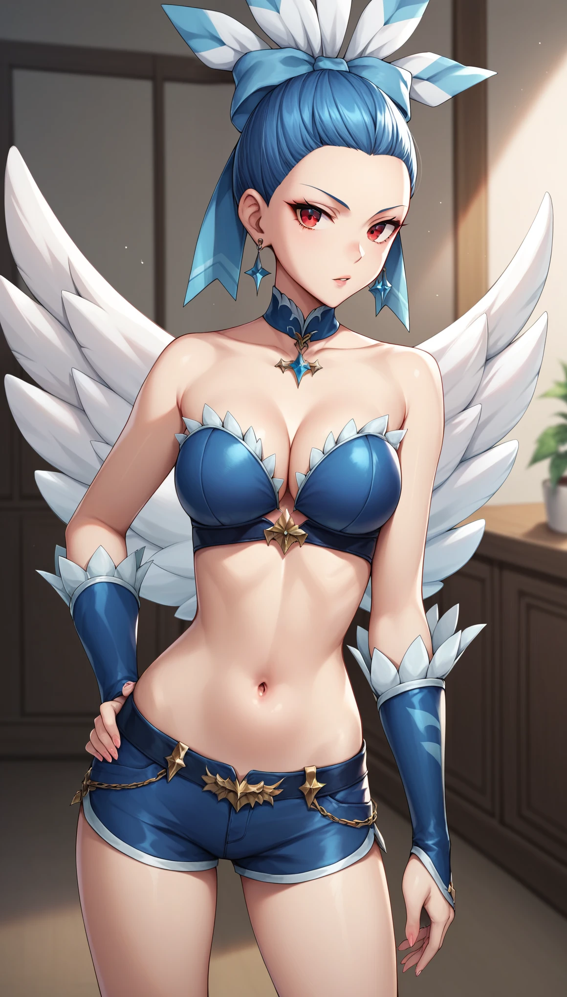 score_9, score_8_up, score_7_up, score_6_up, score_5_up, score_4_up, CluchHHXL, red eyes, blue hair, forehead, hair bow, blue bow, hair ornament, earrings, blue chocker, medium breasts, white wings, two wings, cleavage, blue bikini top, bare shoulders, navel, blue bridal guantlets, blue shorts, short shorts, black knee boots, (solo), standing, looking at viewer, indoors