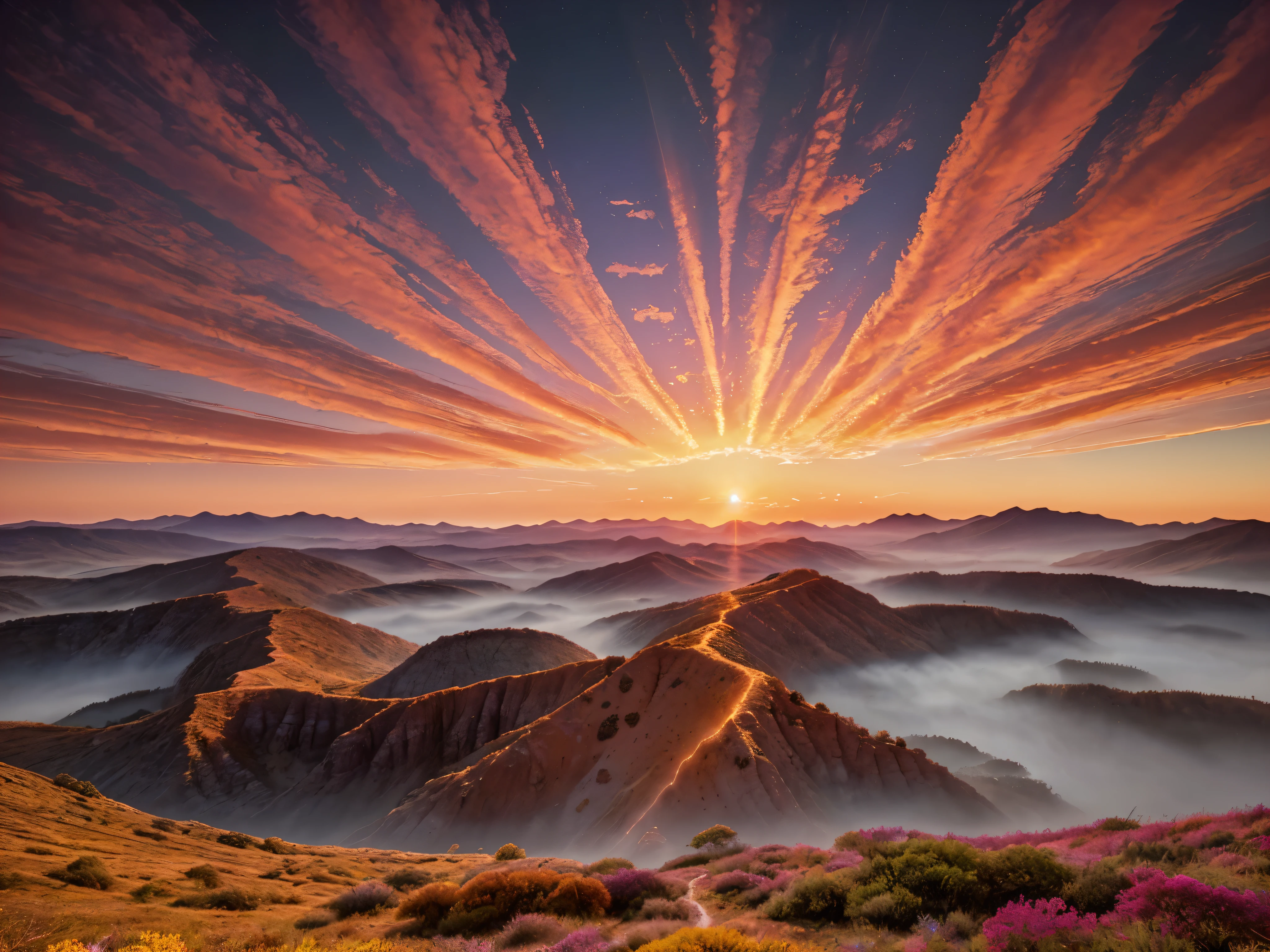 A breathtakingly vivid sunset paints the sky in hues of gold and pink, casting a warm glow over the intricate details of a sprawling fantasy landscape. The composition is impeccable, with every element carefully placed to draw the viewer's eye towards the horizon where the sun dips below the horizon. This high-resolution photograph captures the moment in stunning detail, offering a realistic portrayal of a magical world under the clear skies. The HDR editing enhances the colors and textures, making the scene come alive with a sense of wonder and imagination.