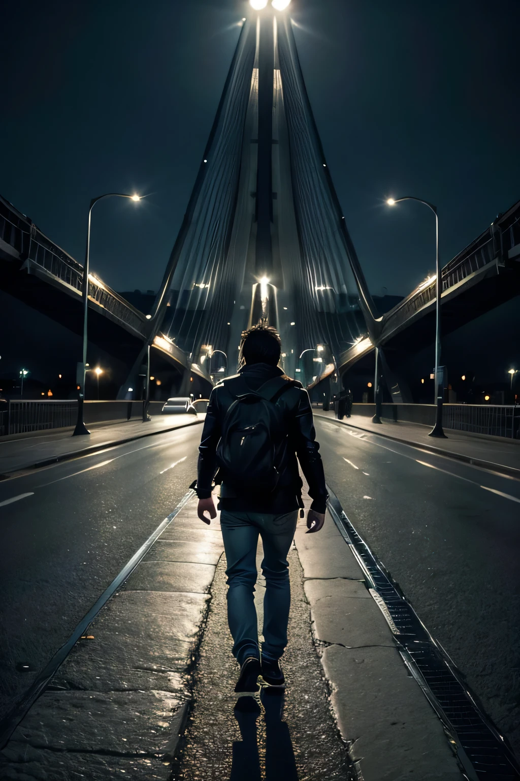 Hombre crusando un puente por la noche desolada