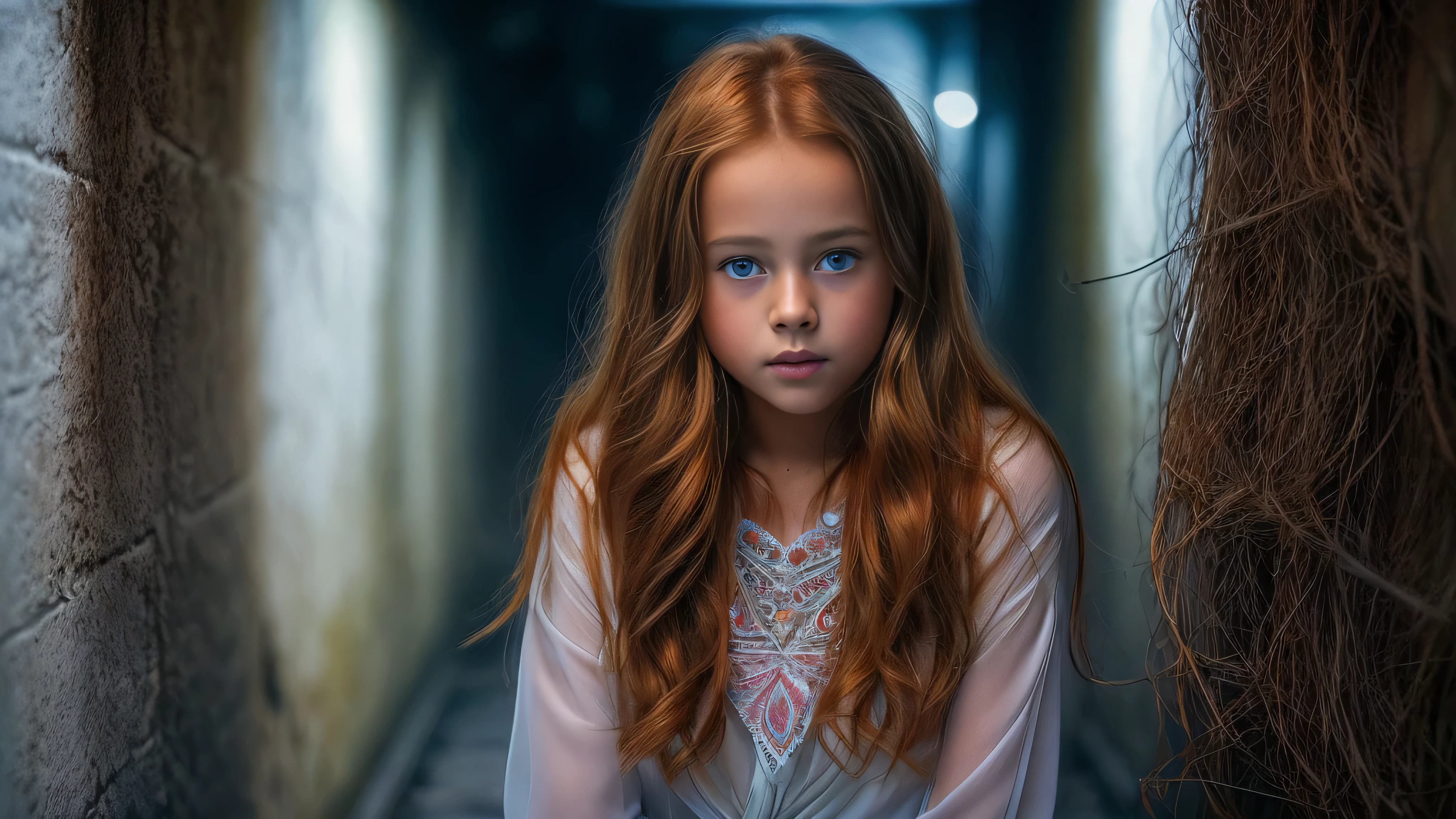 (Kristina Pimenova long ginger hair teen girl,13 years old with spread legs:1.6), (long, messy hair:1.3), blue eyes, detailed eyes, detailed lips,(lies nude, sensual, full body:1.5), (photo different angles:1.5), (lies in a long dark corridor in castle lit by the moon:1.5), (dark mood, creepy, mist, dust,fog:1.5) low neck, ray tracing, (best quality, 4k, 8k, high resolution, masterpiece:1.2), very detailed, (realistic , photorealistic, photorealistic :1.37), HDR, UHD, masterpiece, professional, vivid colors, bokeh, studio lighting,nsfw