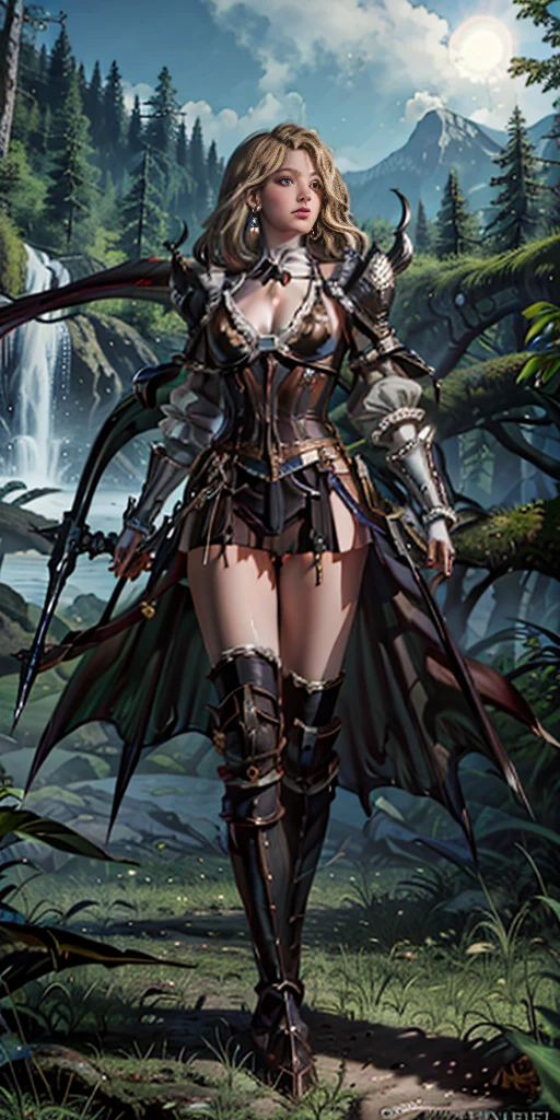 full body toe to head, masterpiece, 1soloMILF BIMBO standing pose, strong body, abs, shiny skin (masterpiece, best quality) 1girlsolo wearing rathalos armor (sunshine, sky, river, forest)