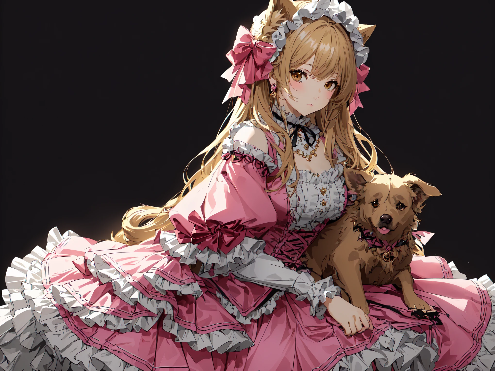 attractive appearance, elaborate details, complex poses, Masterpiece, beautiful girl, girl, sweet girl, detached look, emotionless face, empty look, brown eyes, brown eyes, lighter yellow hair, blonde hair, blonde, long hair, straight hair, ((girl with a dog tail)), girl-dog, ((Animal girl)), ((girl with dog ears)), Girl the embodiment of the beast, anime style, 4k image, all main text, simple background, white background, list of characters. perfect face, Details, Front view, Back view, Full length,Cute dress, Puffy dress, Dress with a Puffy Petticoat, Gooseberry Dress, Lace, Light dress, Dress with a wide skirt, Victorian era clothes, Rococo clothes, Cute dress, Pink dress, Modern clothes, Anime. ((masterpiece, highest quality)), detailed face, full-length character design, lots of details, very detailed, deep, lots of angles, detailed faces.