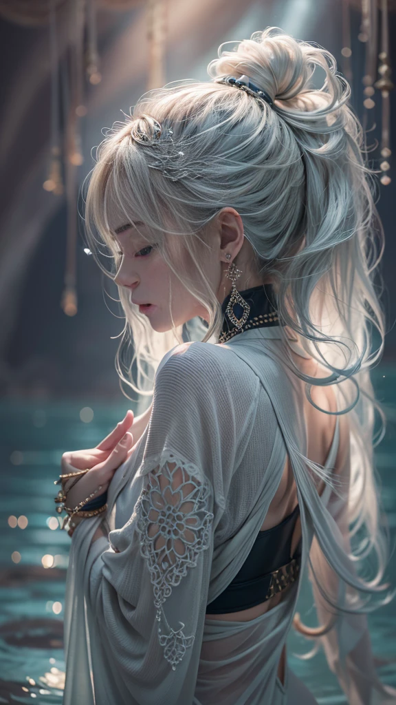 (RAW shooting, 32k:1.5, highest quality, masterpiece, Ultra-high resolution), (darkness:0.7, Dramatic moonlight:0.7, Reflection of light:0.7, 光とdarknessの世界:1.2, Expressions of sadness:1.0), Side Shot, Fractal Art:1.3, Perfect dynamic composition:1.3, Very detailedな肌と顔の質感:1.3, Dynamic flow of water waves:1.2, Dynamic wind flow:1.2, The subject is observed from a distance, elegant and sophisticated:0.9, Fair skin, Incredibly slim body:0.9, Very beautiful face, Water droplets on the skin, (Thin yoga wear:1.3, Zazen pose 1.3, Meditation pose:1.3), Very accurate, Very detailed, Big eyes that exude beauty, Beautiful Lips, Unreal atmosphere, Unreal world, Earrings, bracelet