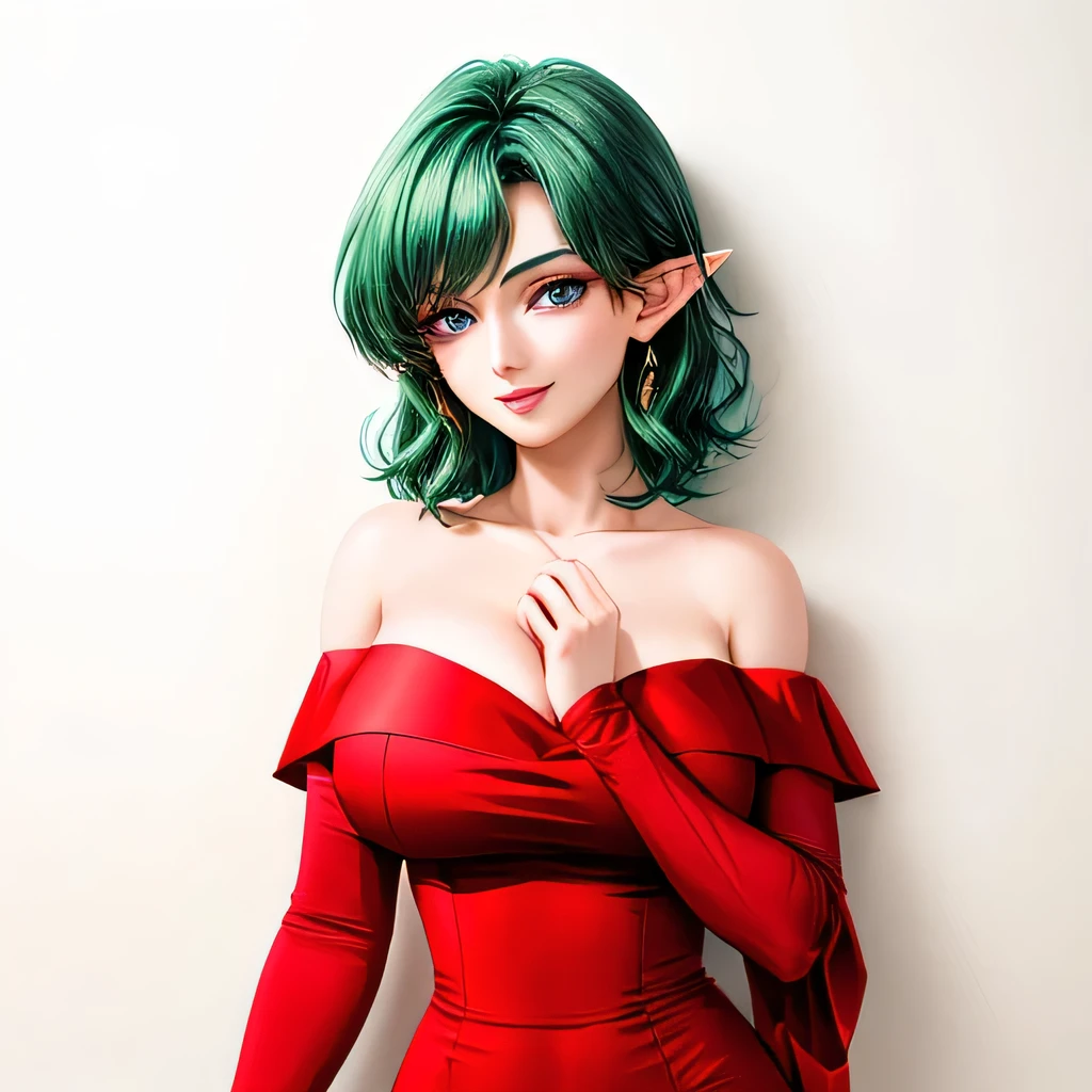  (masterpiece,highest quality,Very delicate,Perfect Face,8k,very beautiful girl),Medium short deep green hair:1.2, Red strapless bodycon tube dress ,Red long arm sleeves,(hands on own chest),Elf Girl,((Big Breasts)),blue eyes,Beautiful smile,20 years old,