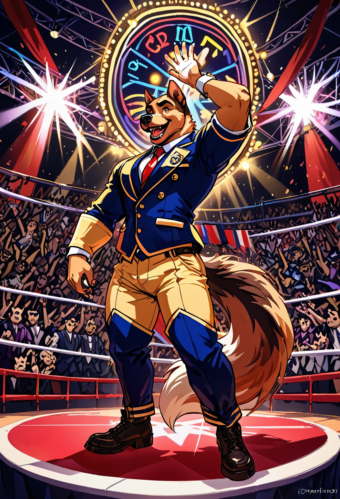 （Charismatic man with a top knot, On a lively stage, Captivate the crowds with an impressive light show）Vocalist Male Cartoon、Anthropomorphic Scottish Terrier Dog